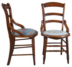2 Antique Victorian Eastlake Walnut Ladderback Needlpoint Side Parlor Chairs
