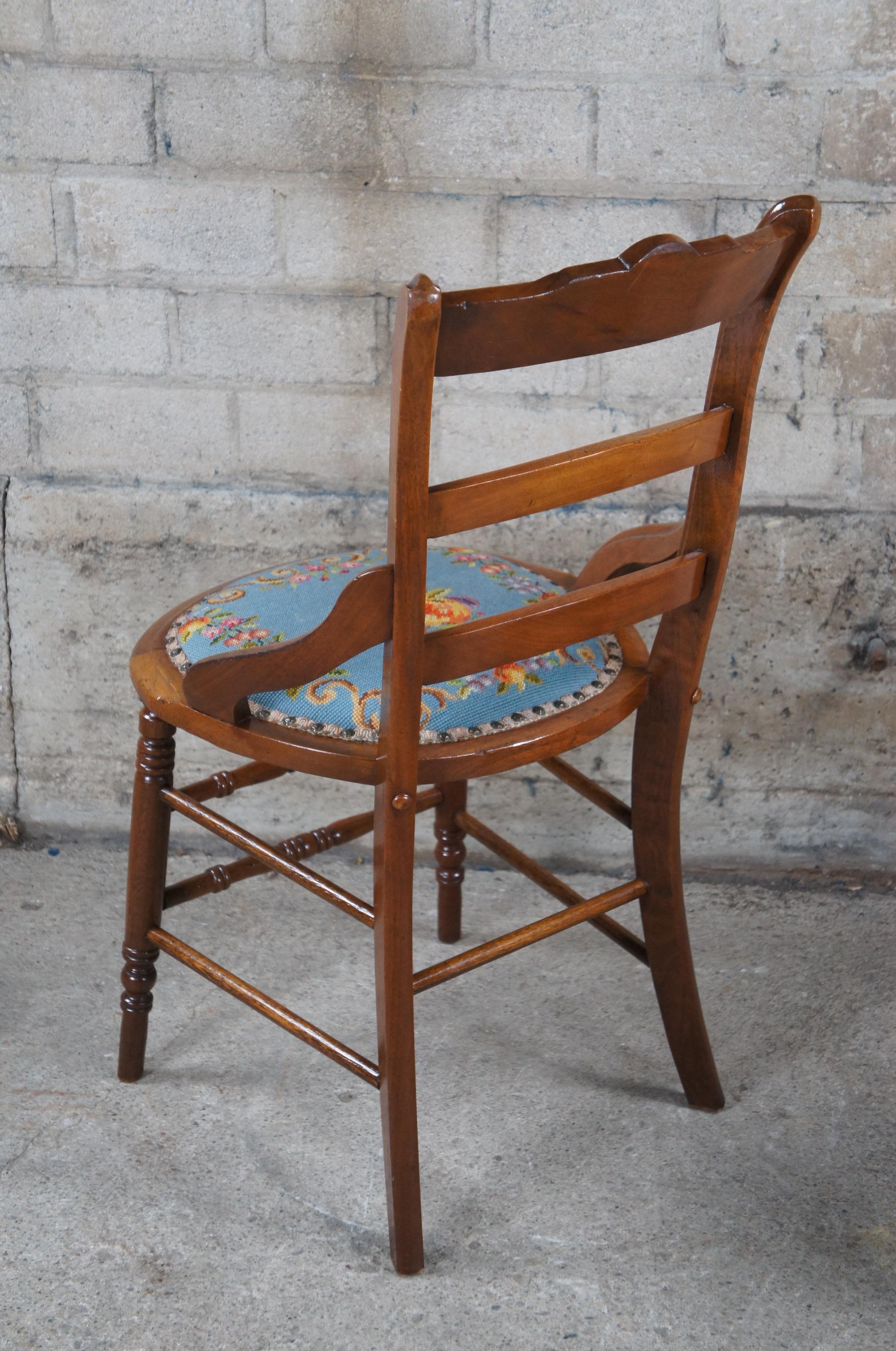 19th Century 2 Antique Victorian Eastlake Walnut Ladderback Needlpoint Side Parlor Chairs