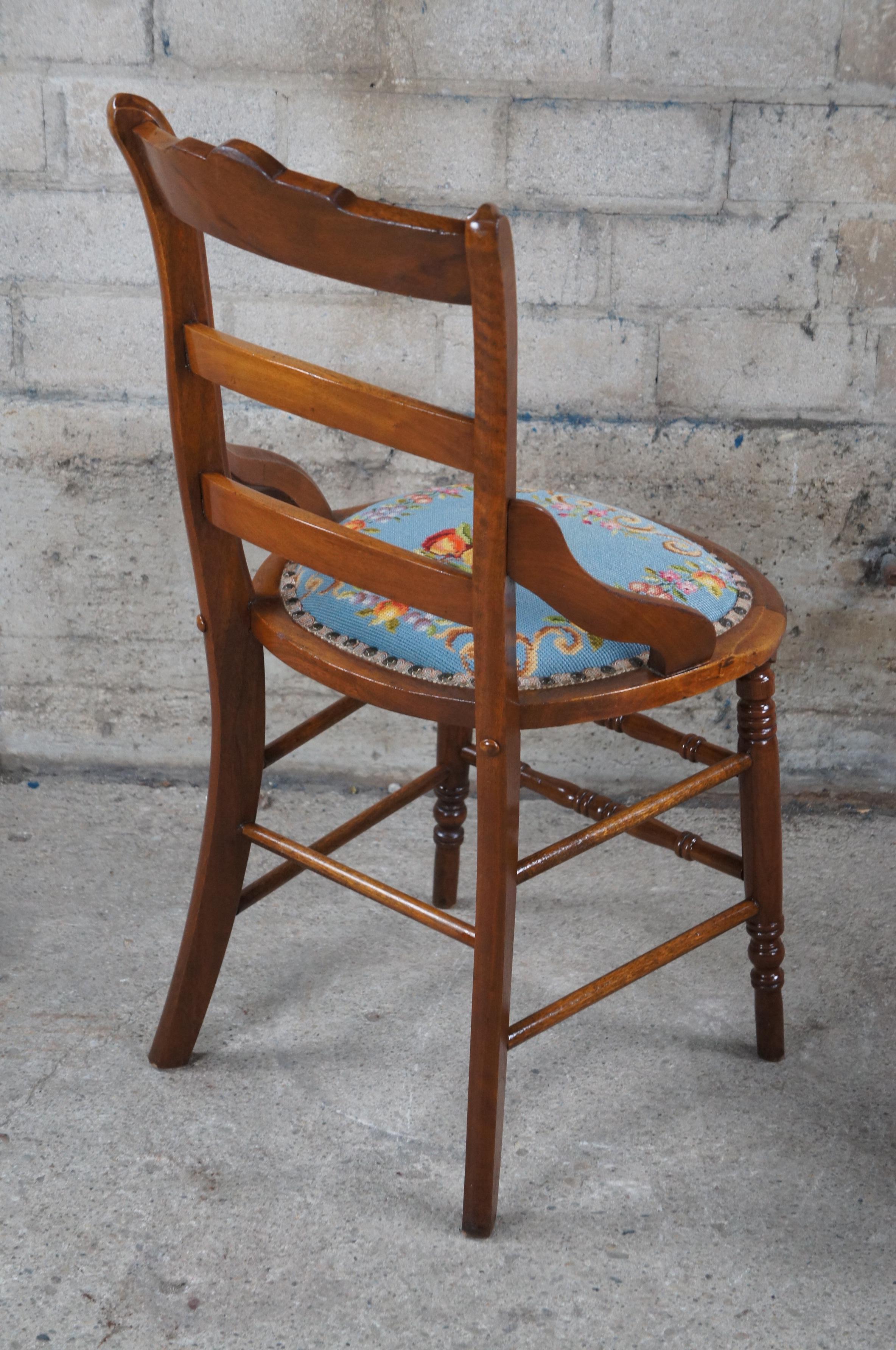 2 Antique Victorian Eastlake Walnut Ladderback Needlpoint Side Parlor Chairs 1