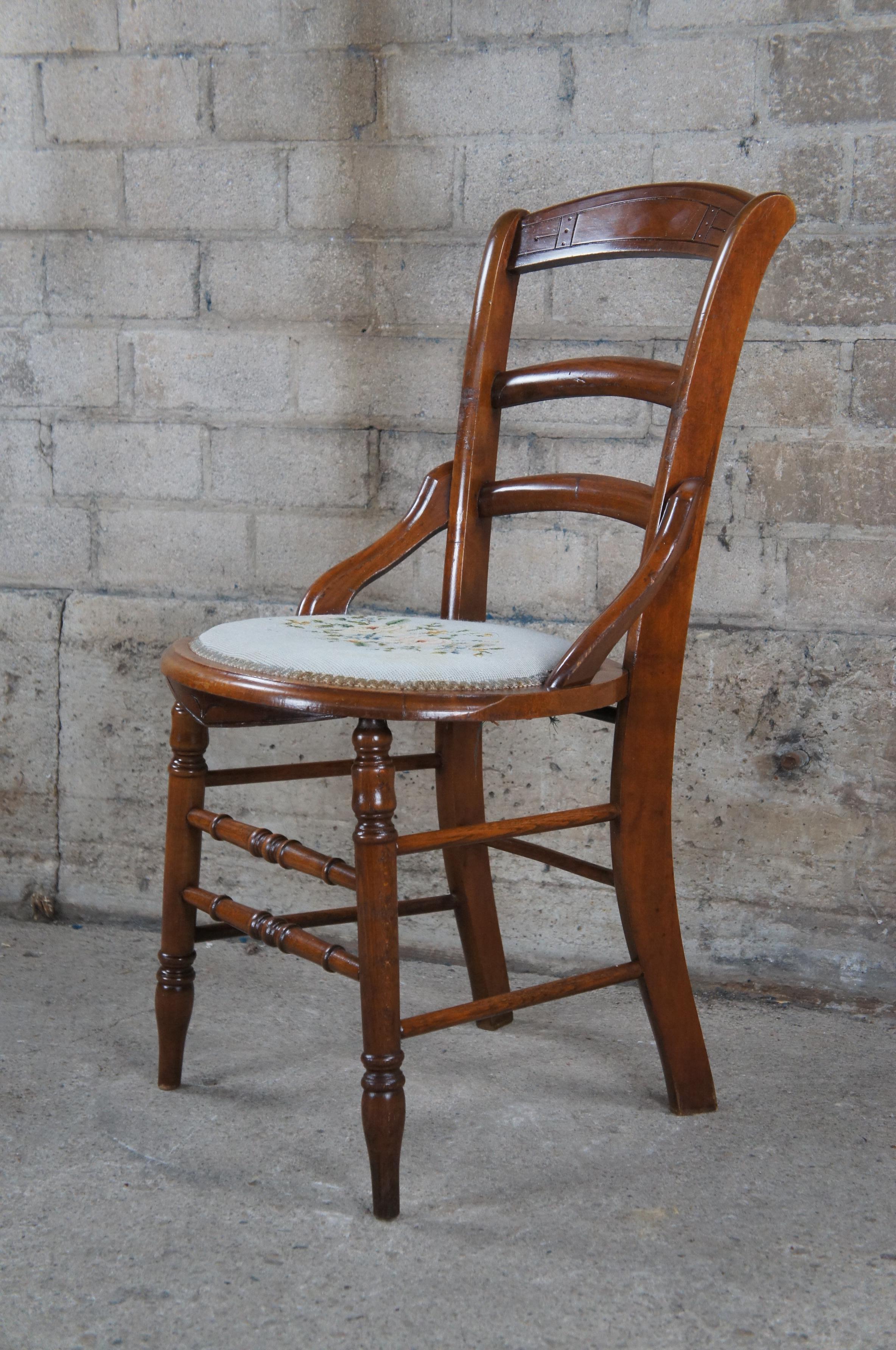 2 Antique Victorian Eastlake Walnut Ladderback Needlpoint Side Parlor Chairs 3
