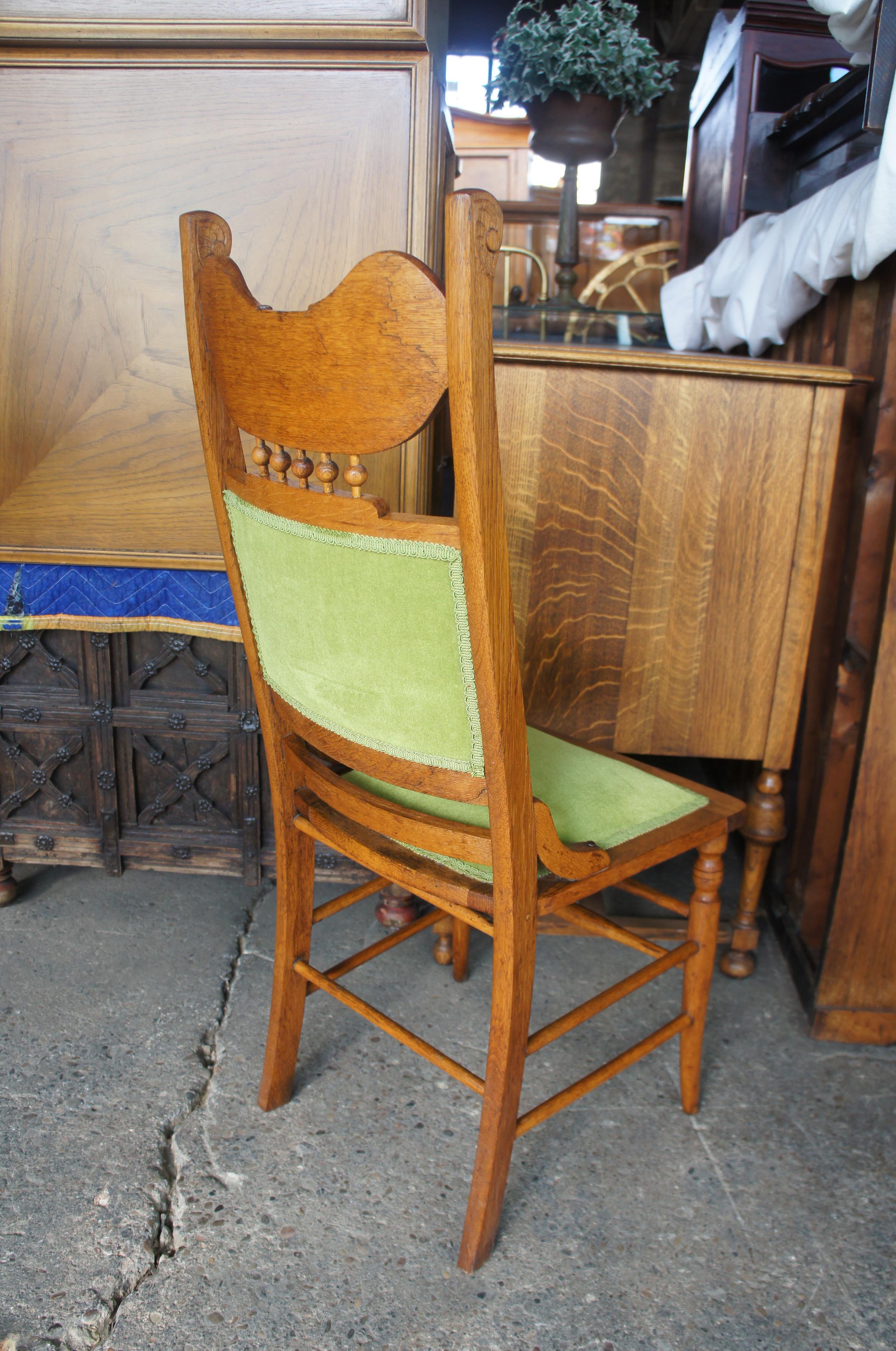 2 Antique Victorian Oak Side Chairs Green Upholstered Spindled Accent High Back 5