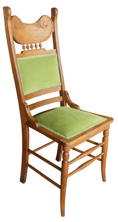 2 Antique Victorian Oak Side Chairs Green Upholstered Spindled Accent High Back