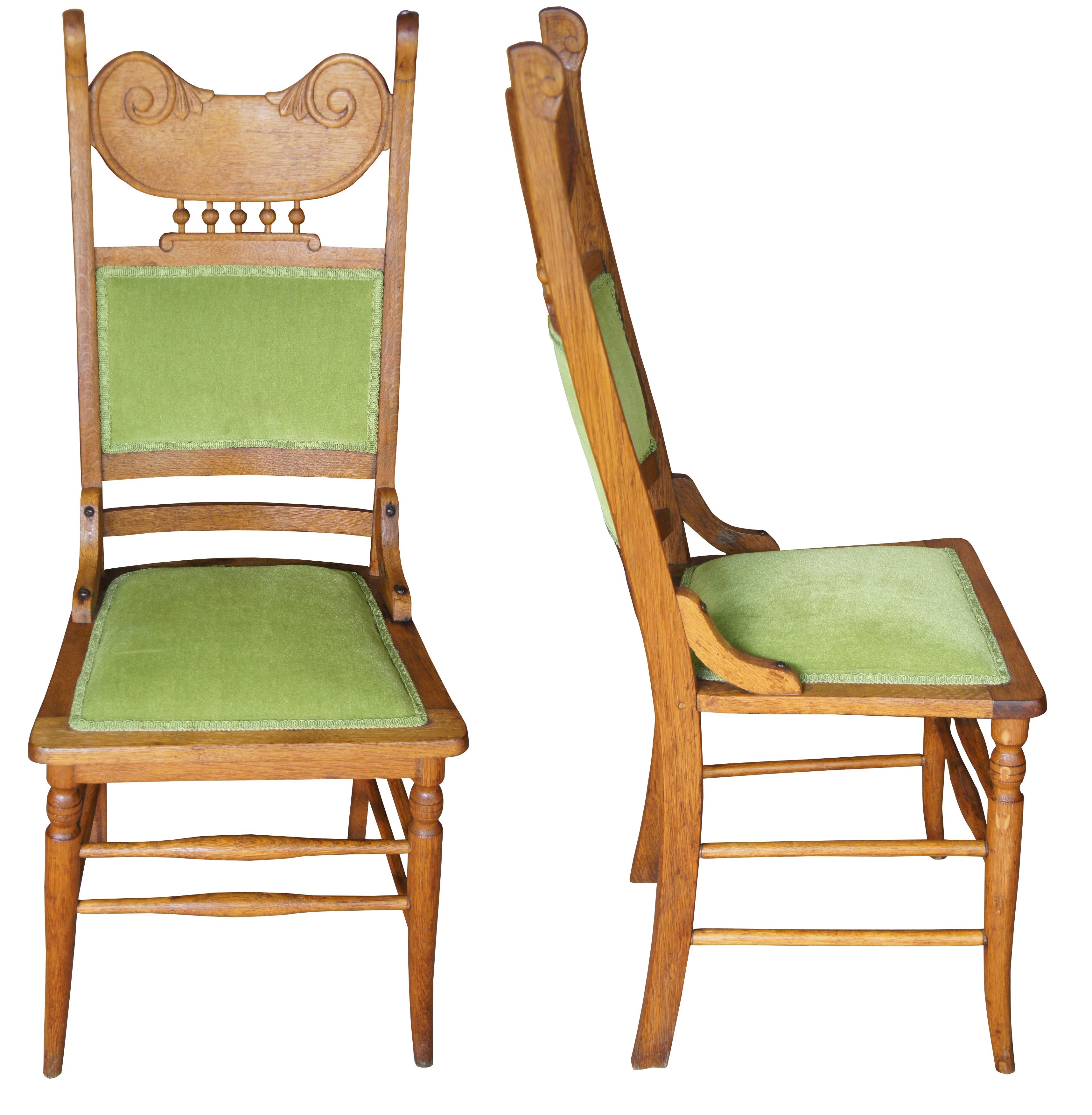 Late Victorian 2 Antique Victorian Oak Side Chairs Green Upholstered Spindled Accent High Back