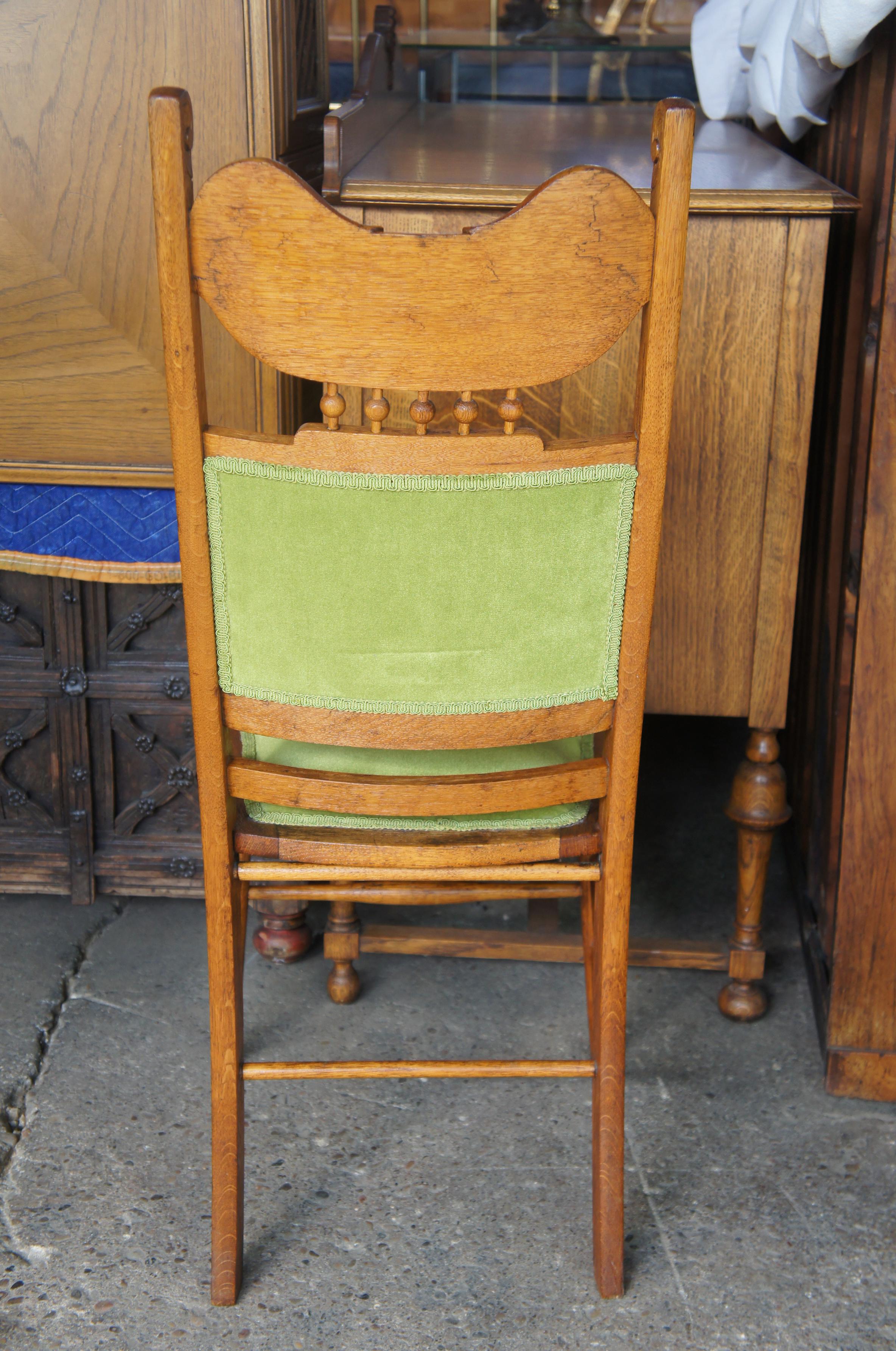 2 Antique Victorian Oak Side Chairs Green Upholstered Spindled Accent High Back In Good Condition In Dayton, OH