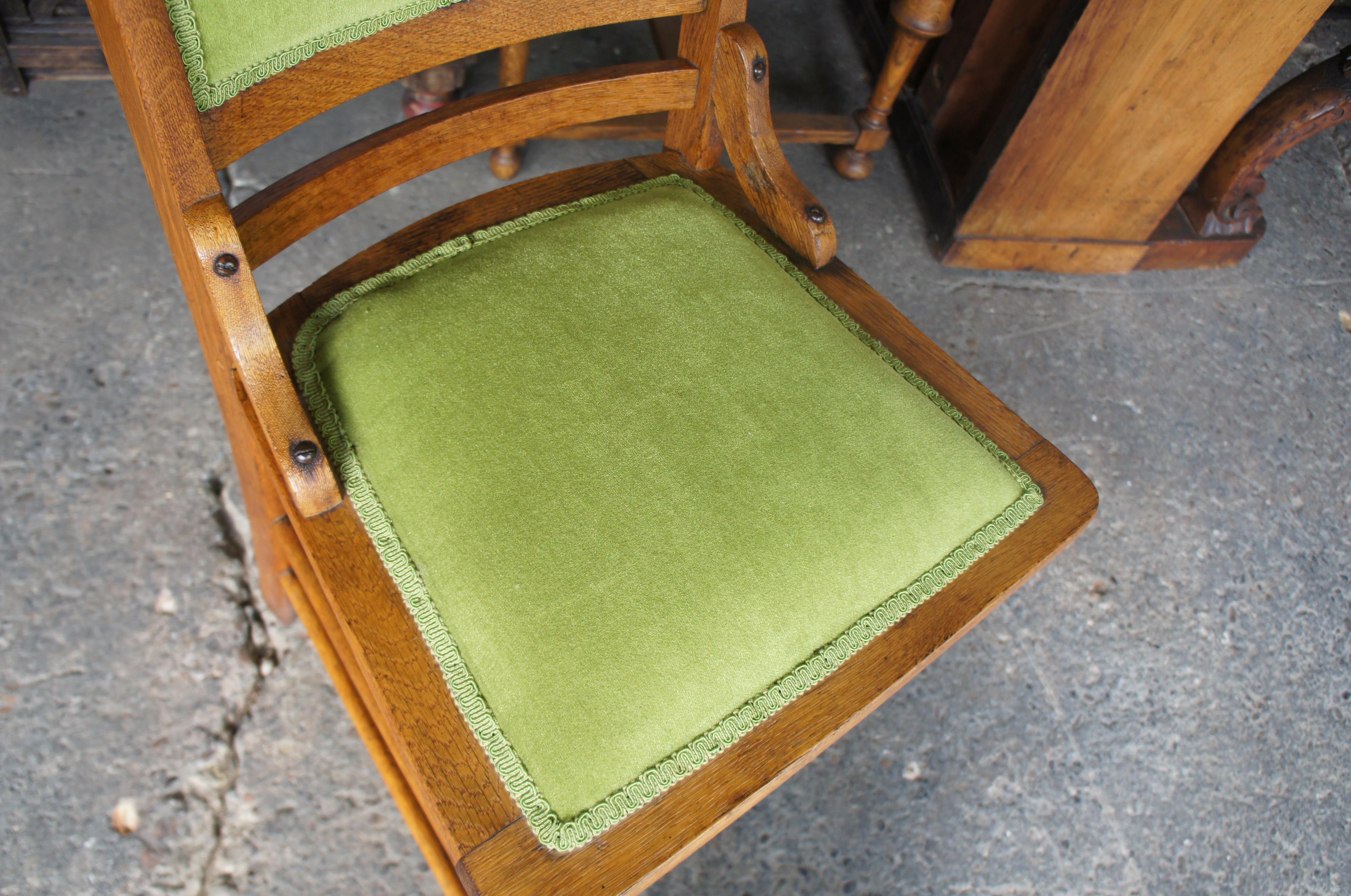 2 Antique Victorian Oak Side Chairs Green Upholstered Spindled Accent High Back 2