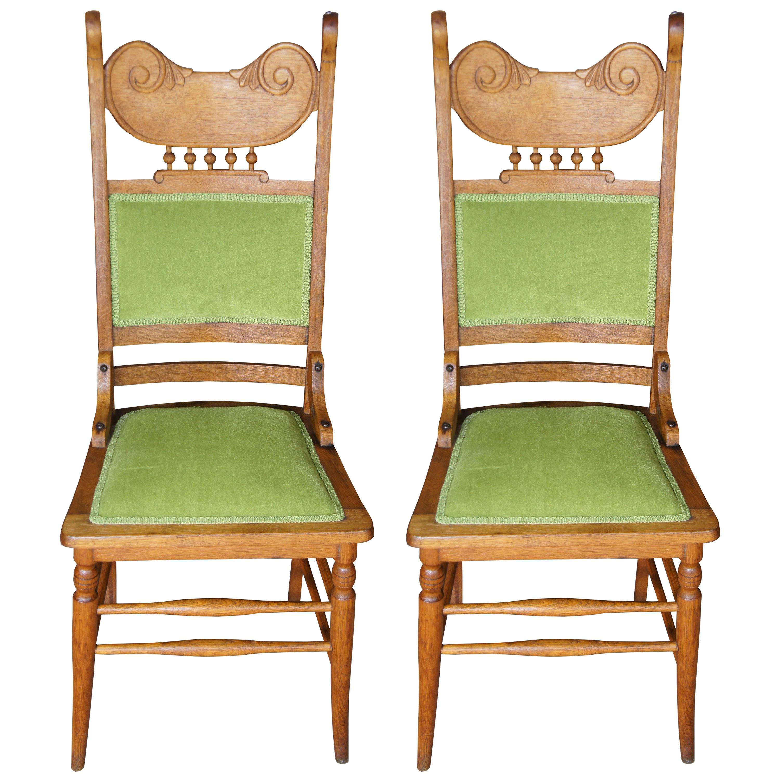 2 Antique Victorian Oak Side Chairs Green Upholstered Spindled Accent High Back