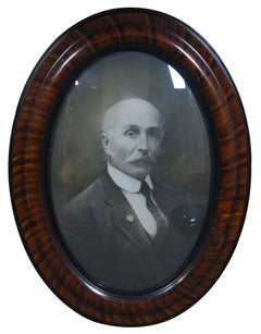 2 Antique Victorian Oval Tiger Wood Frame Convex Glass Portraits Chicago