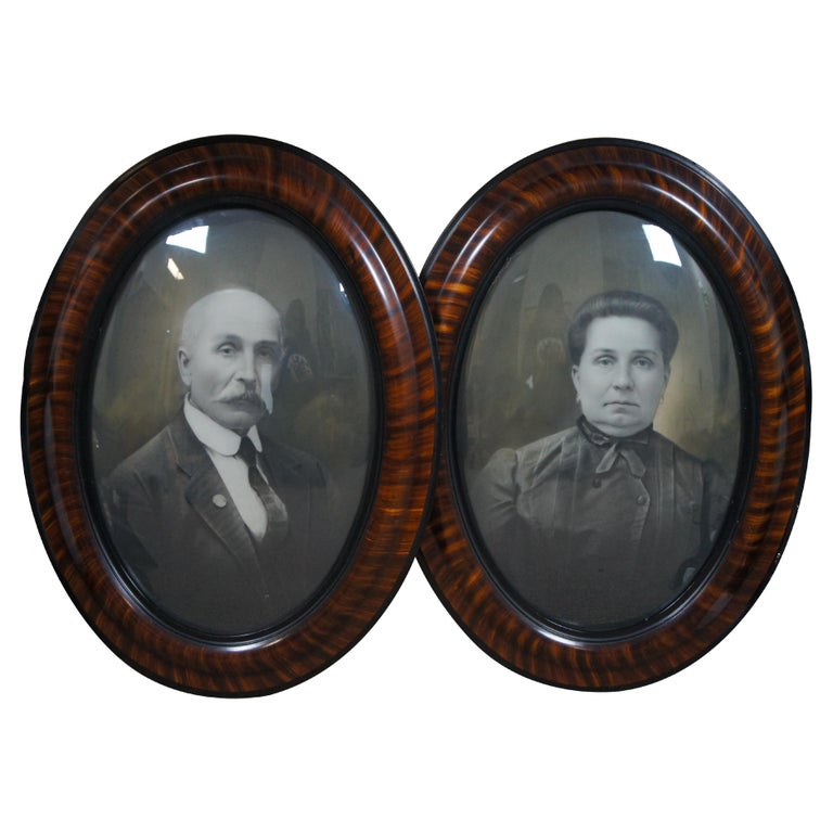 2 Antique Victorian Oval Tiger Wood Frame Convex Glass Portraits