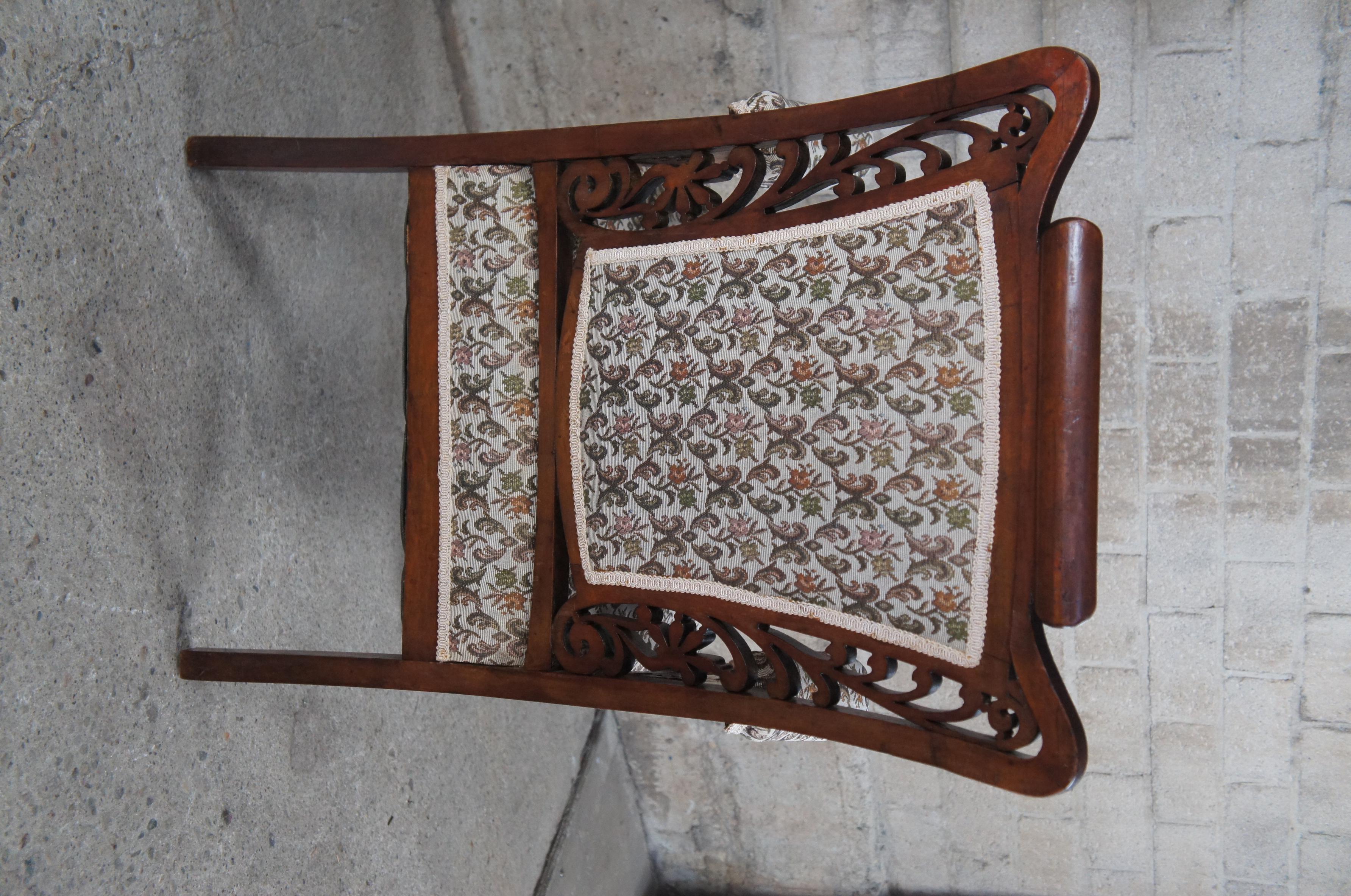 2 Antique Victorian Pierced Carved Walnut Upholstered Library Parlor Club Chairs For Sale 6