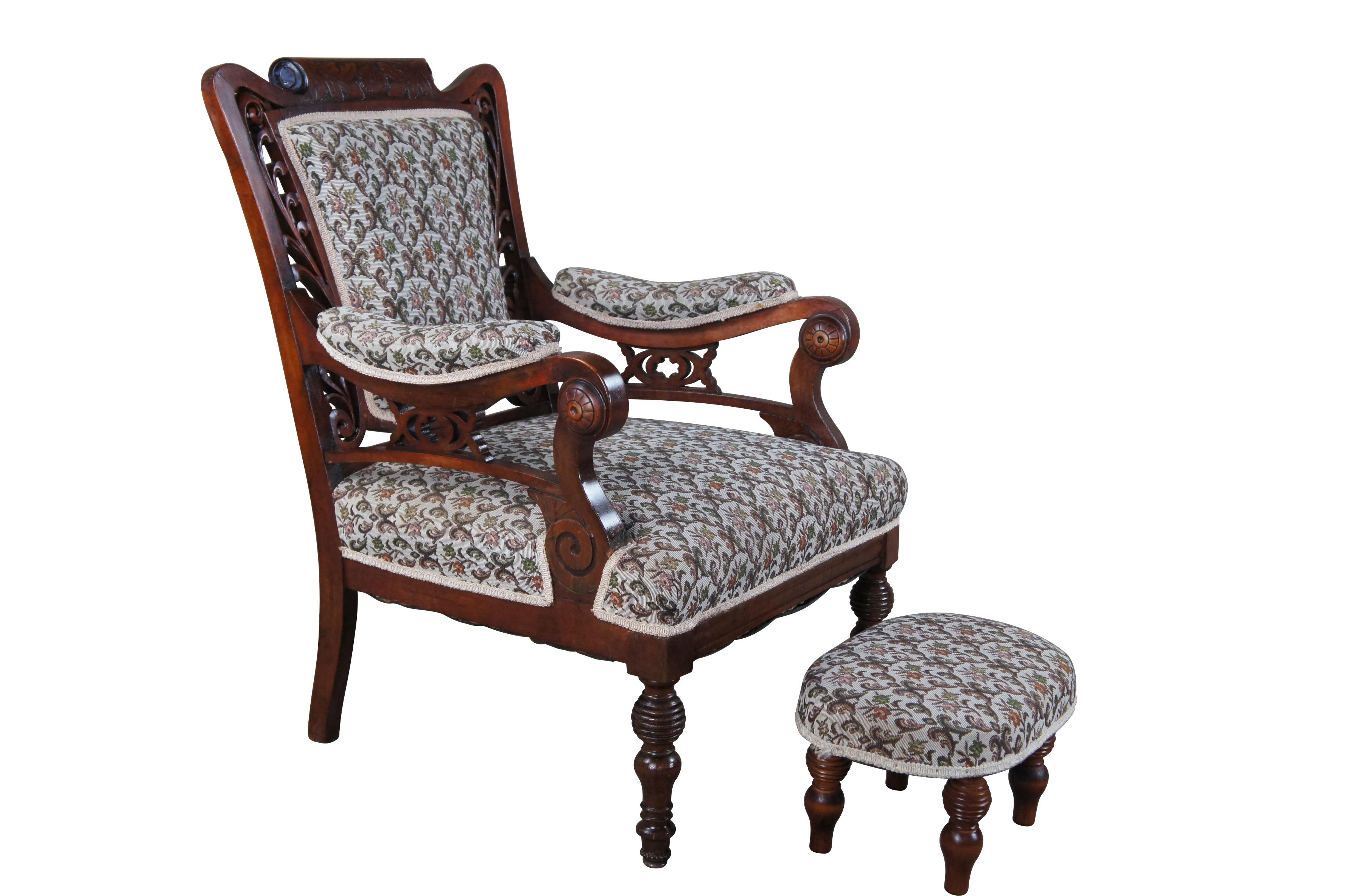 2 Antique Victorian Pierced Carved Walnut Upholstered Library Parlor Club Chairs In Good Condition For Sale In Dayton, OH