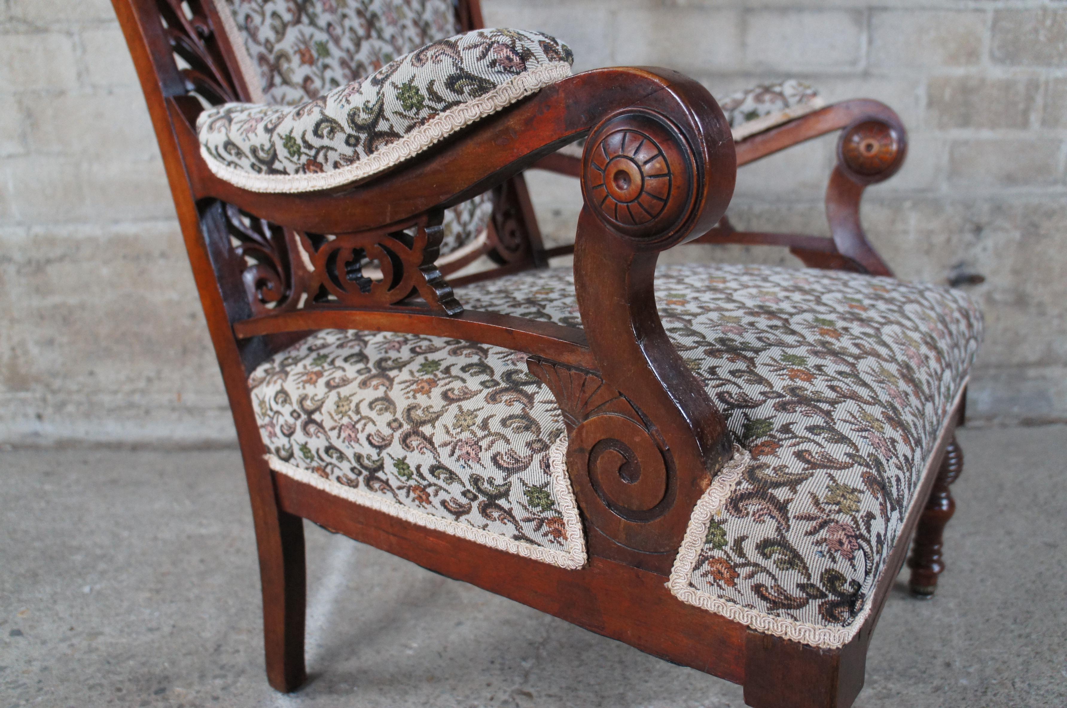2 Antique Victorian Pierced Carved Walnut Upholstered Library Parlor Club Chairs For Sale 3