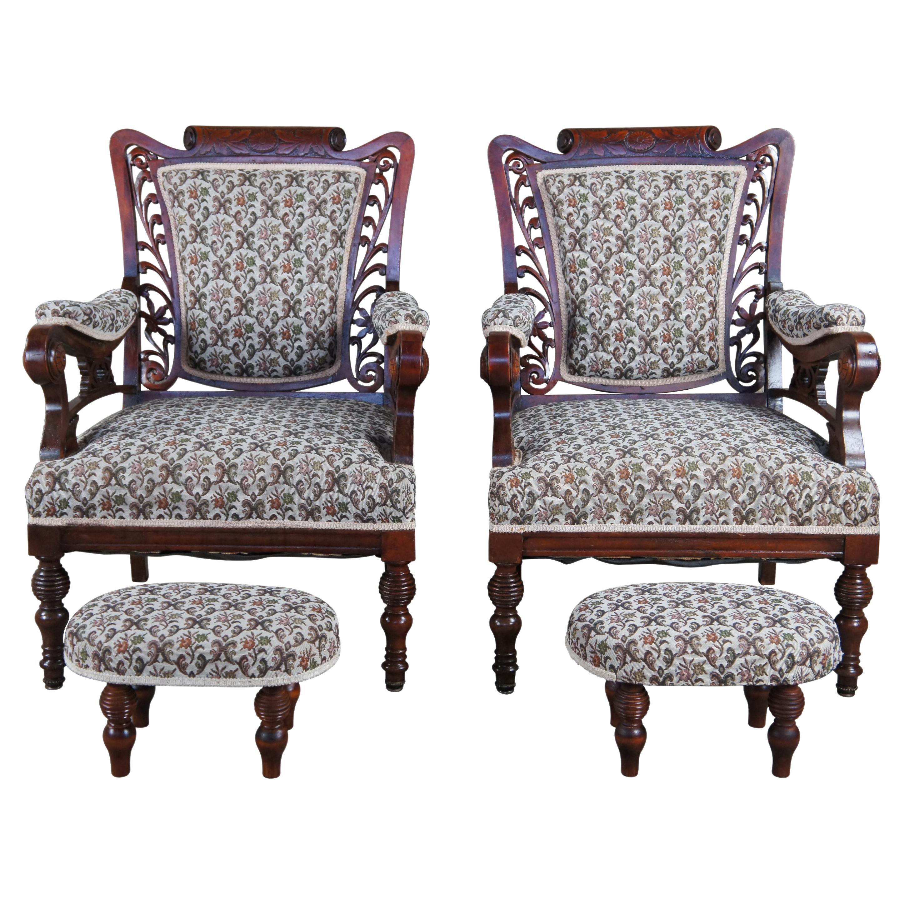 2 Antique Victorian Pierced Carved Walnut Upholstered Library Parlor Club Chairs