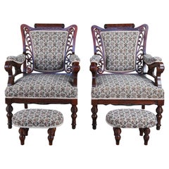 2 Antique Victorian Pierce Carved Walnut Upholstered Library Parlor Club Chairs