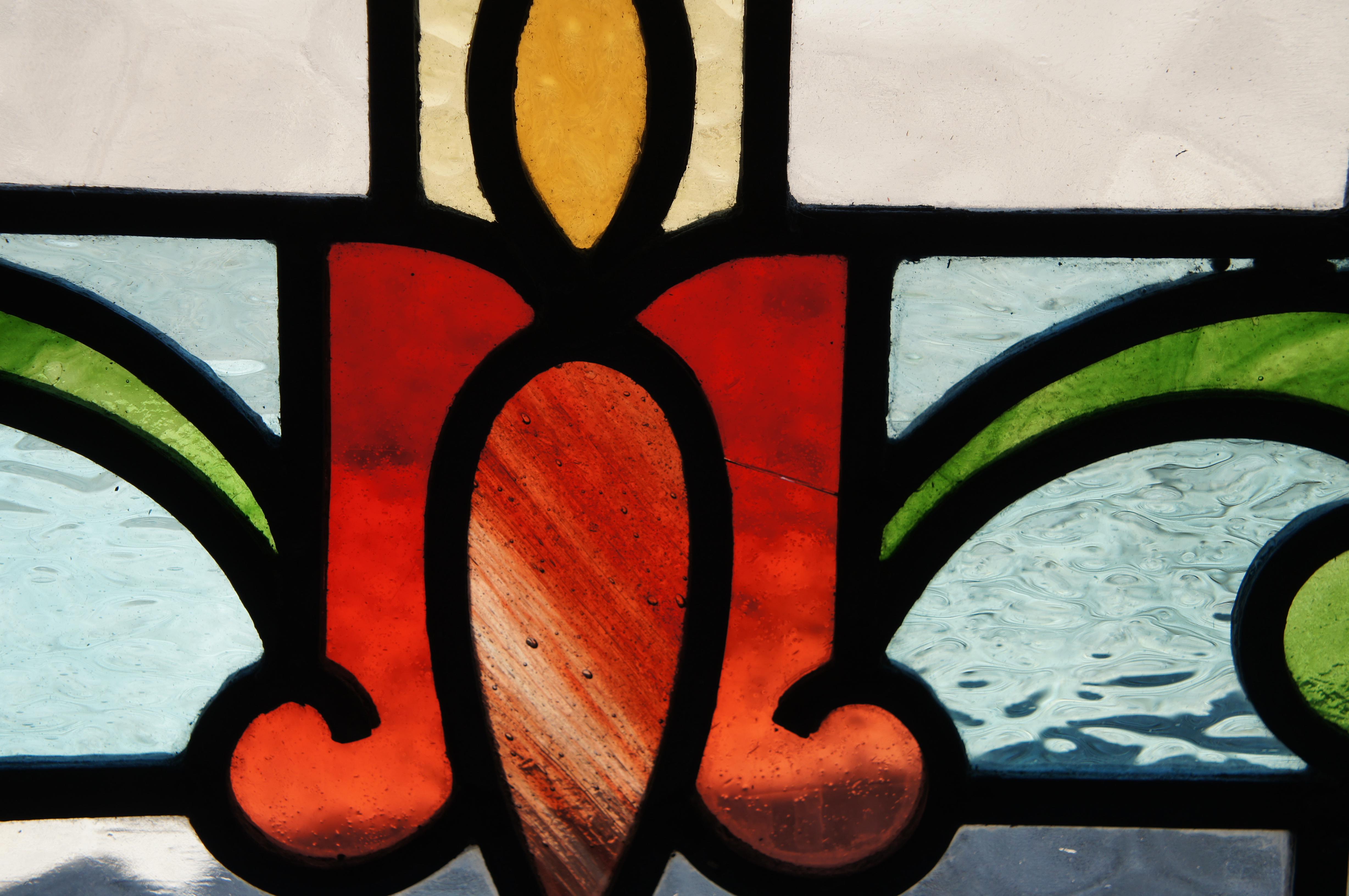 2 Antique Victorian Reclaimed Leaded Stained Glass Scrolled Tulip Window Panel 5
