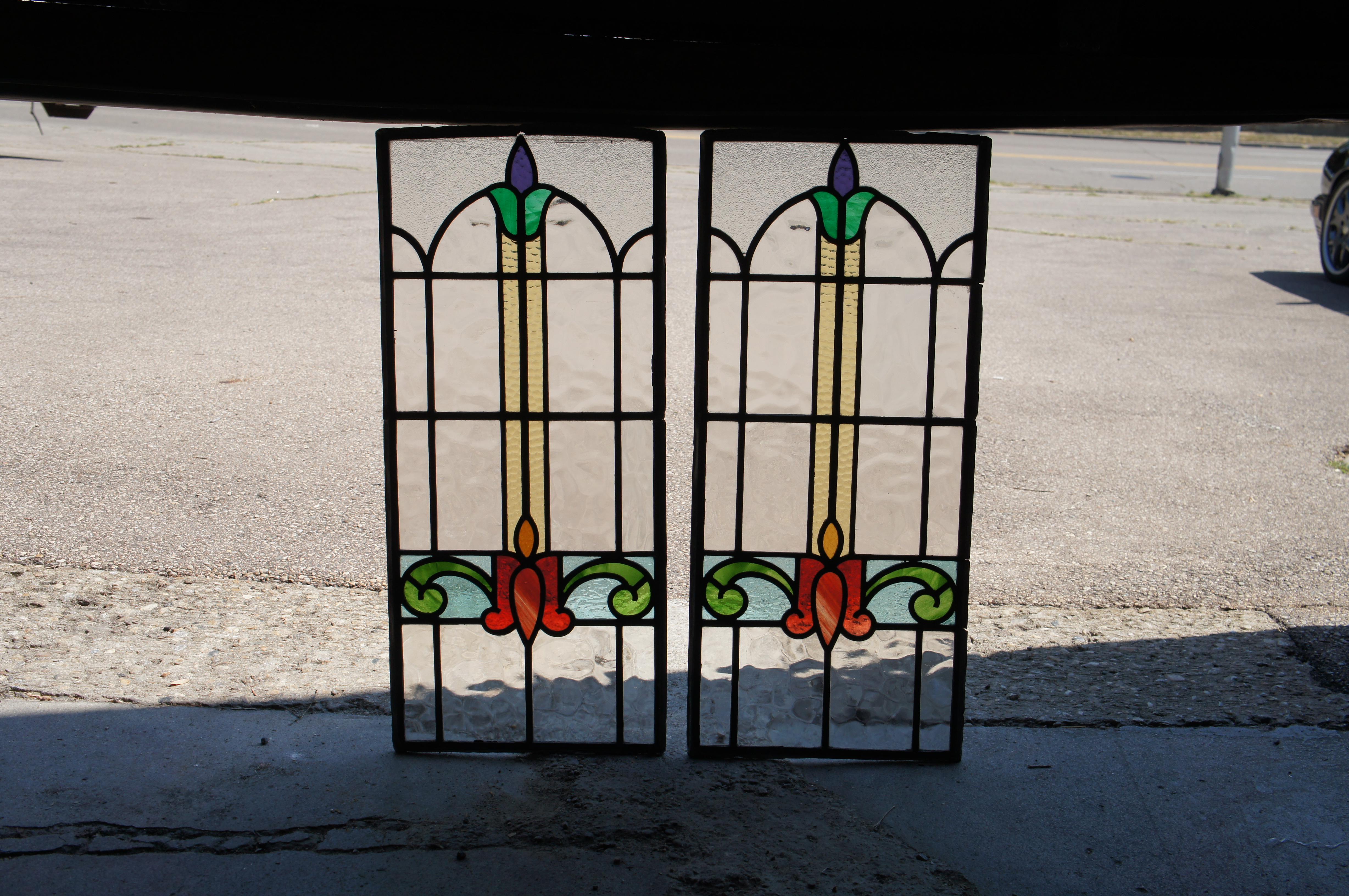 19th Century 2 Antique Victorian Reclaimed Leaded Stained Glass Scrolled Tulip Window Panel