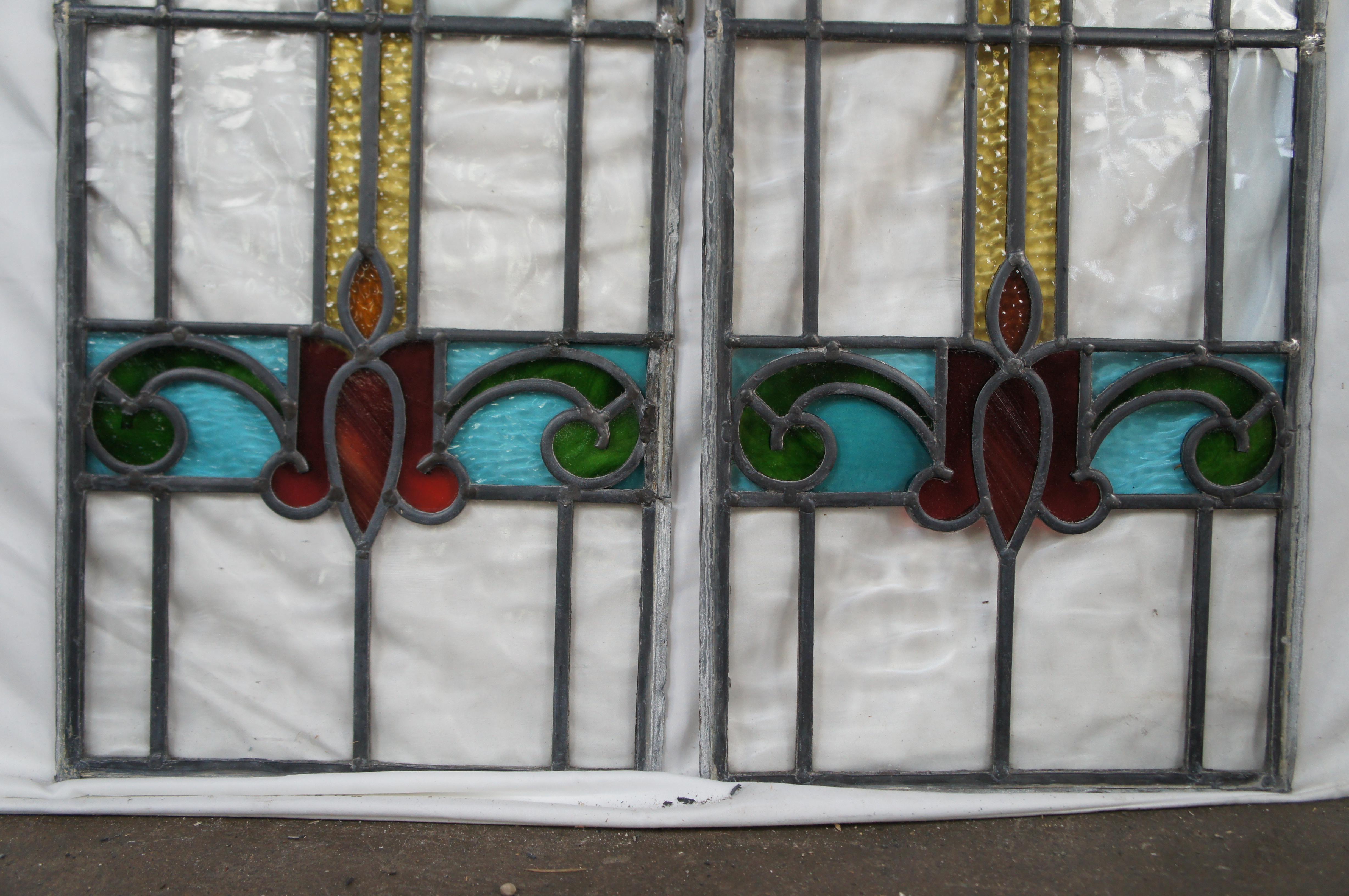 Metal 2 Antique Victorian Reclaimed Leaded Stained Glass Scrolled Tulip Window Panel