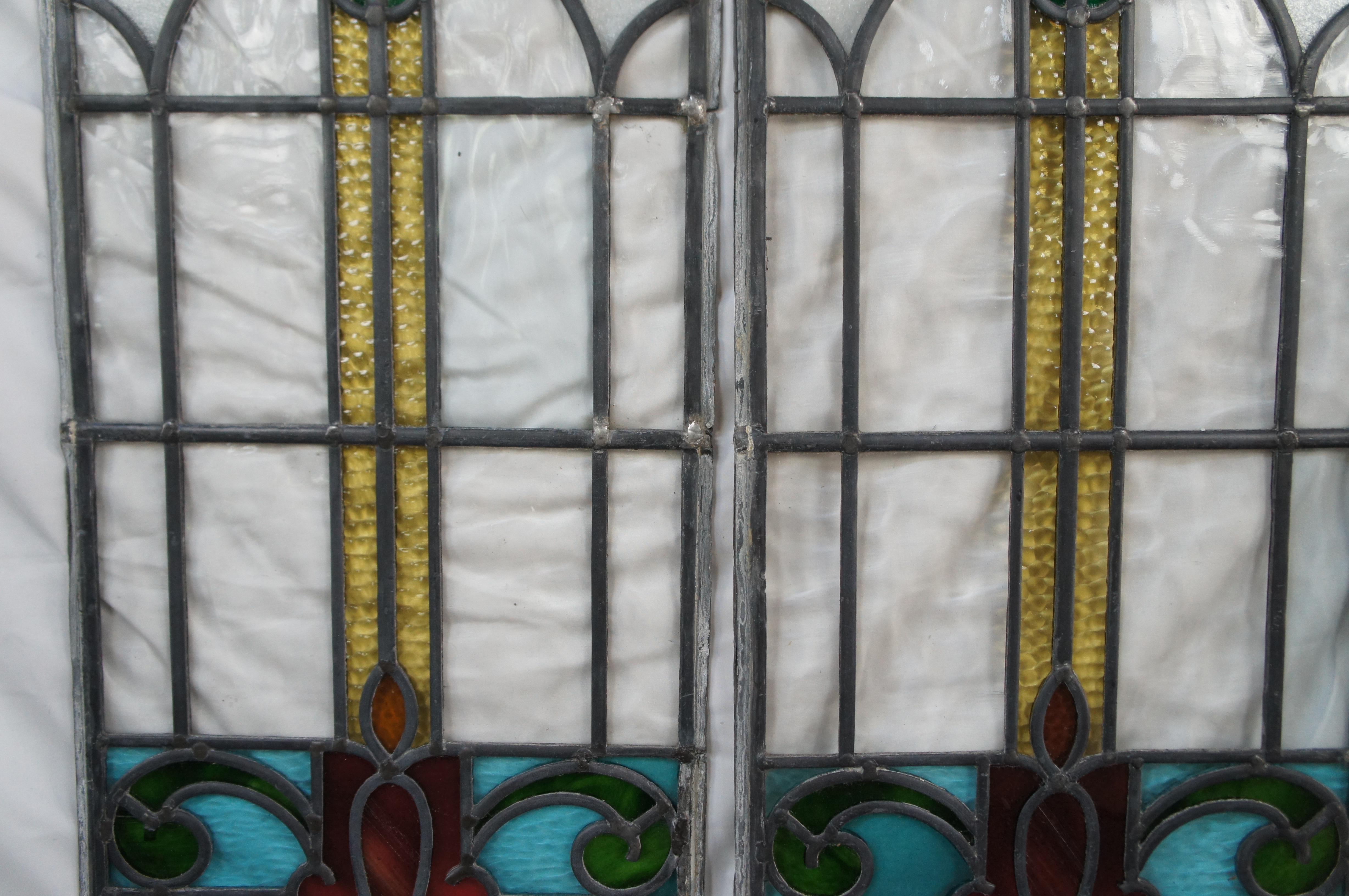 2 Antique Victorian Reclaimed Leaded Stained Glass Scrolled Tulip Window Panel 1