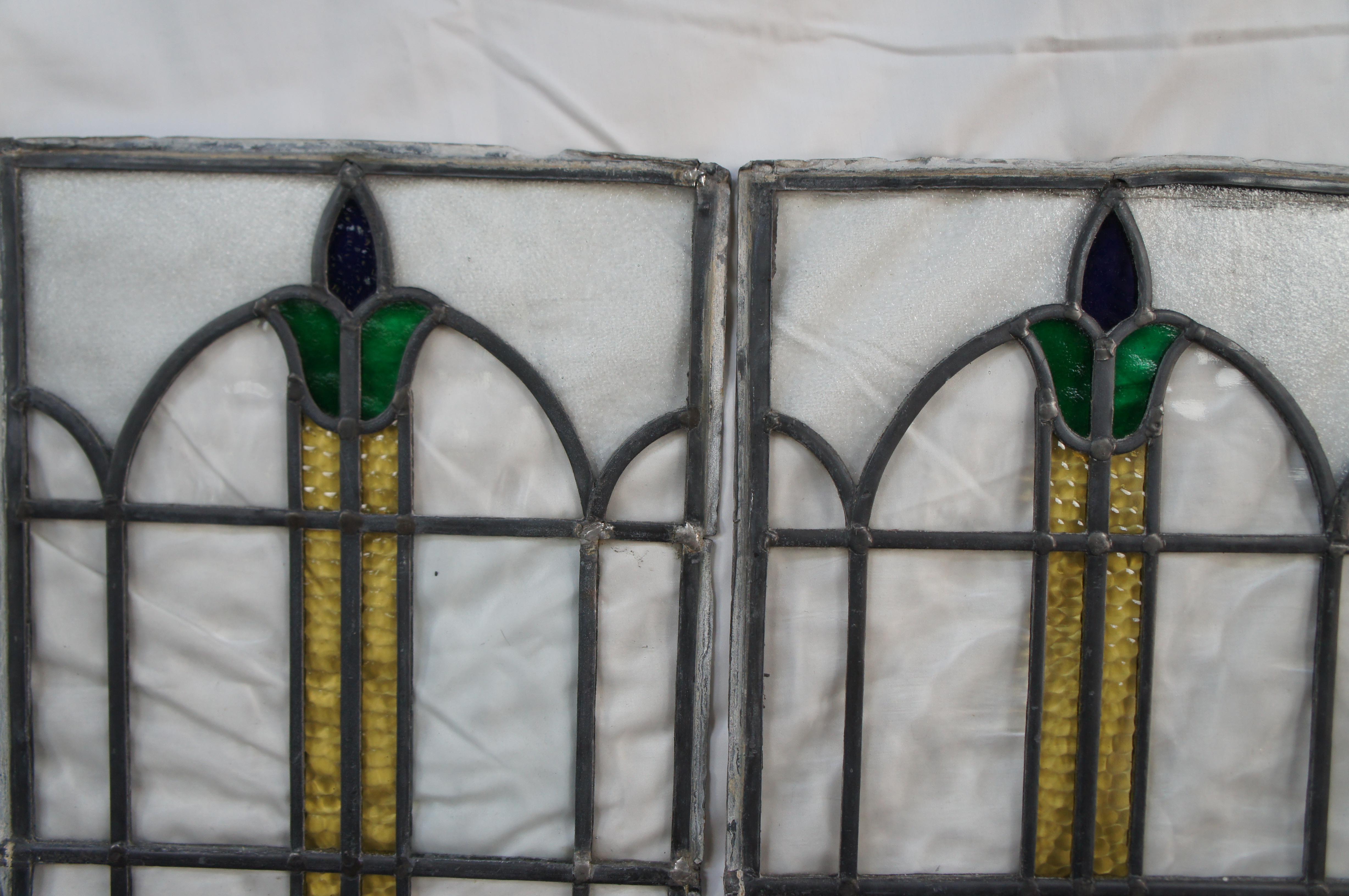 2 Antique Victorian Reclaimed Leaded Stained Glass Scrolled Tulip Window Panel 2