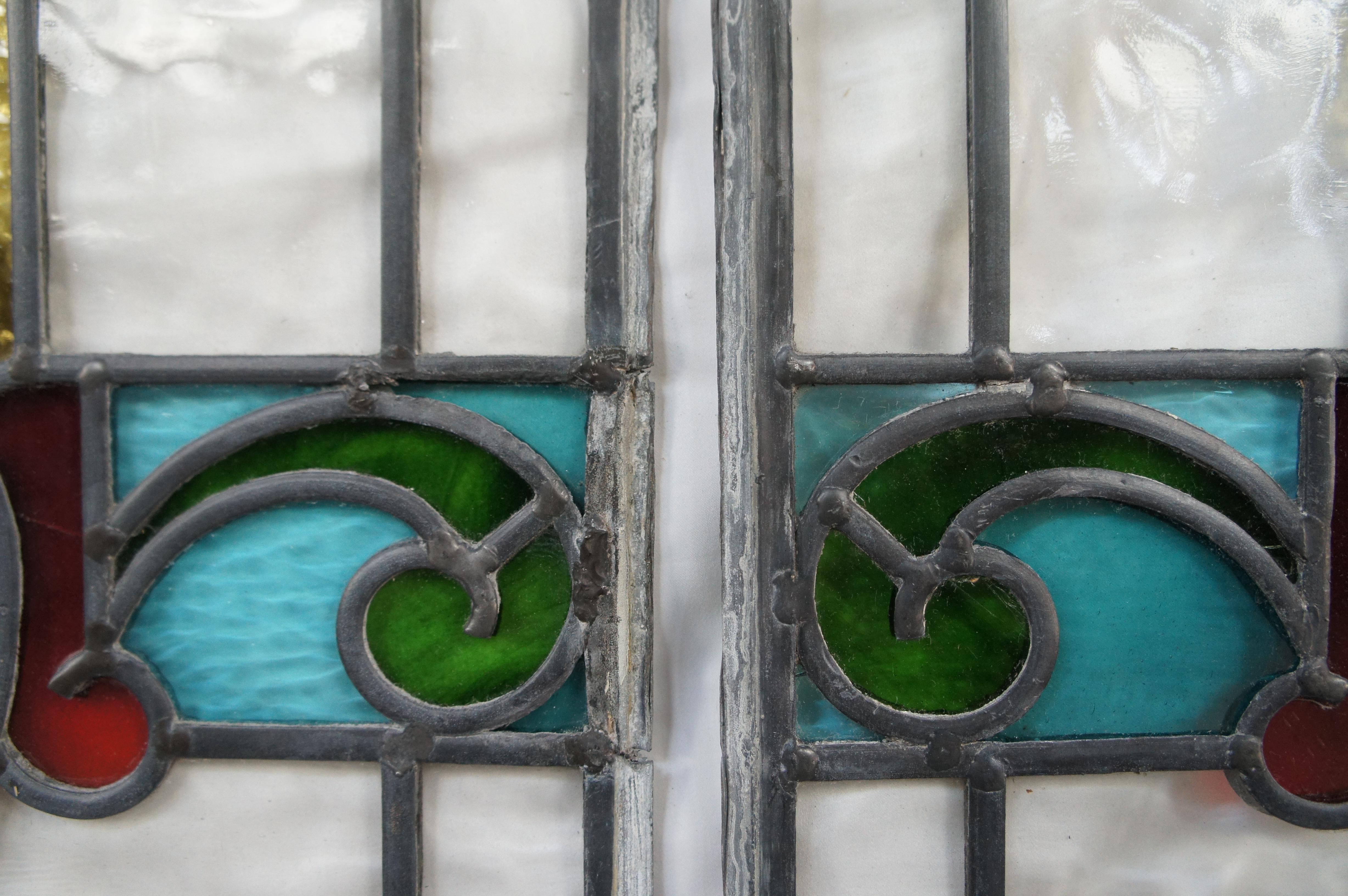 2 Antique Victorian Reclaimed Leaded Stained Glass Scrolled Tulip Window Panel 3