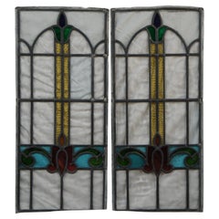 2 Antique Victorian Reclaimed Leaded Stained Glass Scrolled Tulip Window Panel