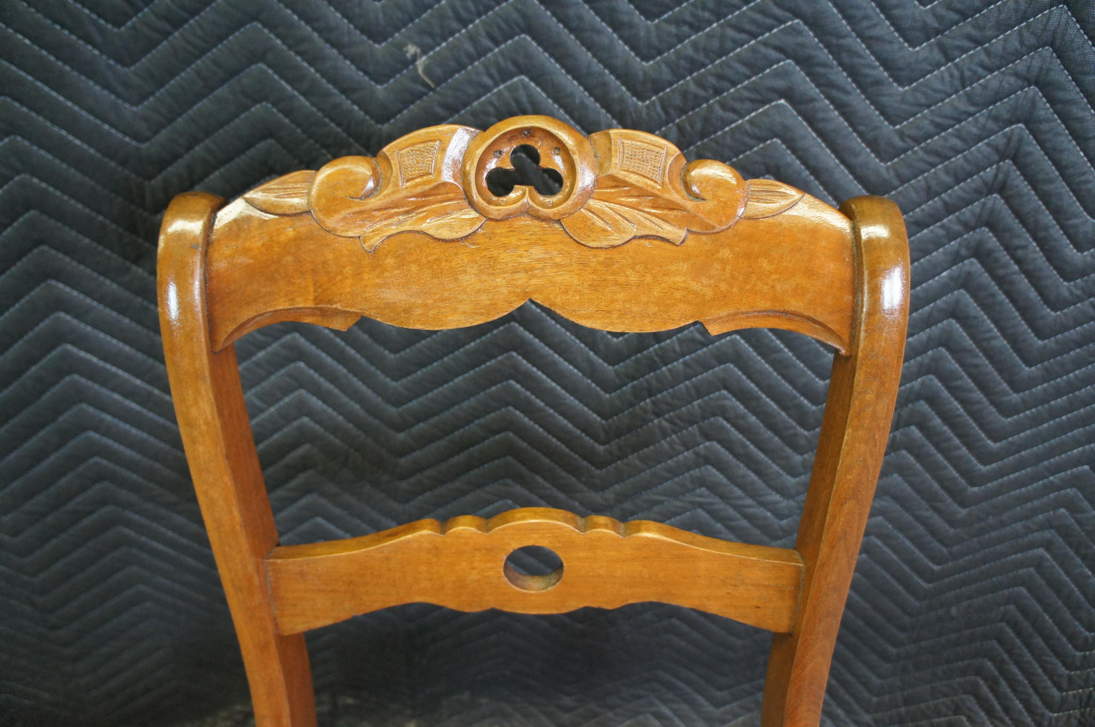 19th Century 2 Antique Victorian Regency Carved Walnut Dining Side Accent Chairs Caned Seat