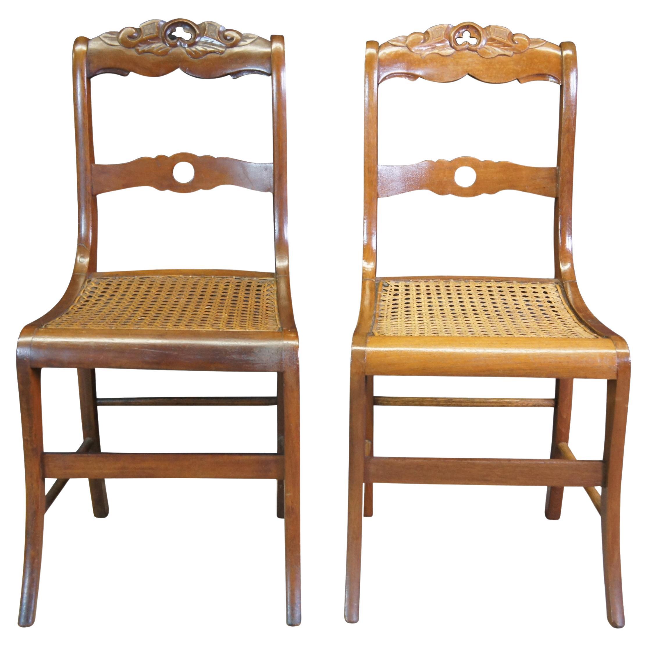 2 Antique Victorian Regency Carved Walnut Dining Side Accent Chairs Caned Seat