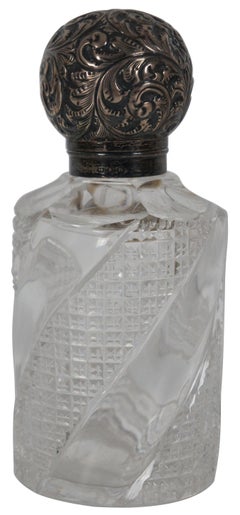 2 Antique Victorian Repousse Sterling Silver Top Cut Glass Perfume Scent Bottles