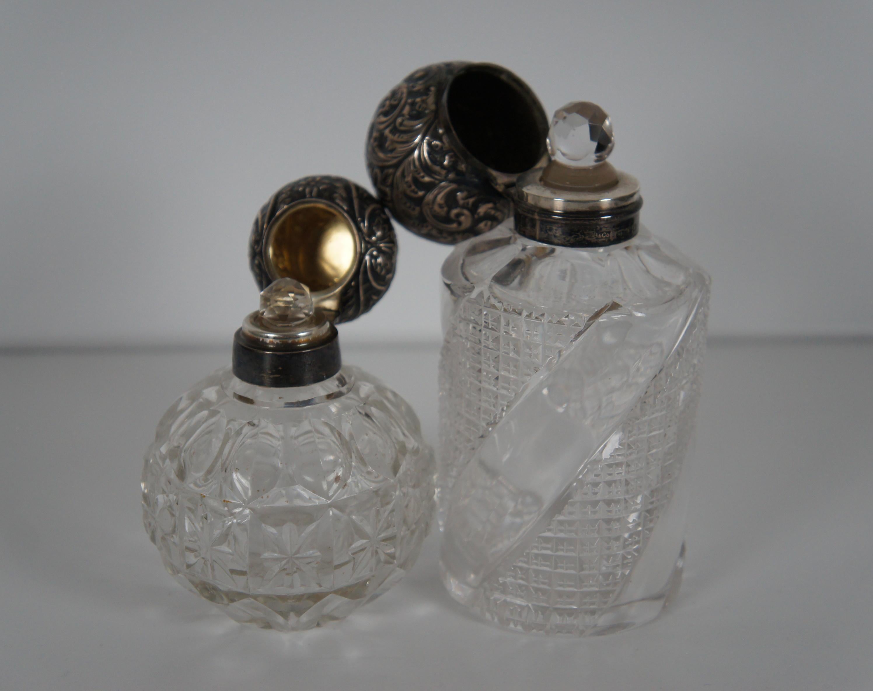 2 Antique Victorian Repousse Sterling Silver Top Cut Glass Perfume Scent Bottles 2