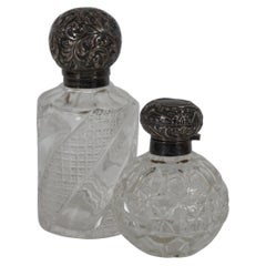 2 Antique Victorian Repousse Sterling Silver Top Cut Glass Perfume Scent Bottles