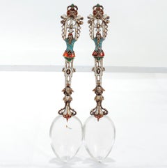 2 Antique Viennese Enamel Silver & Rock Crystal Spoons by Hermann Ratzersdorfer