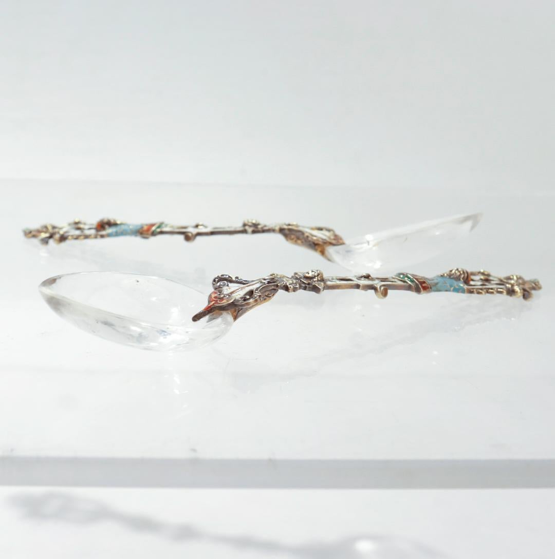 Women's or Men's 2 Antique Viennese Enamel Silver & Rock Crystal Spoons by Hermann Ratzersdorfer For Sale