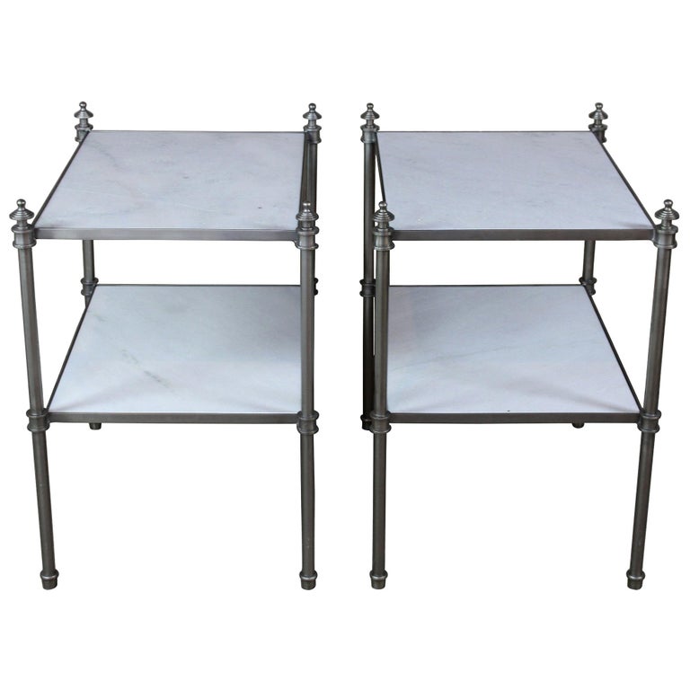 2 Arhaus Furniture White Marble And Metal Tiered Modern Side End Nightstand Tables At 1stdibs
