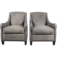 2 Arhaus Grey Suede Dunbar Leather Nailhead Club Lounge Library Armchairs Pair