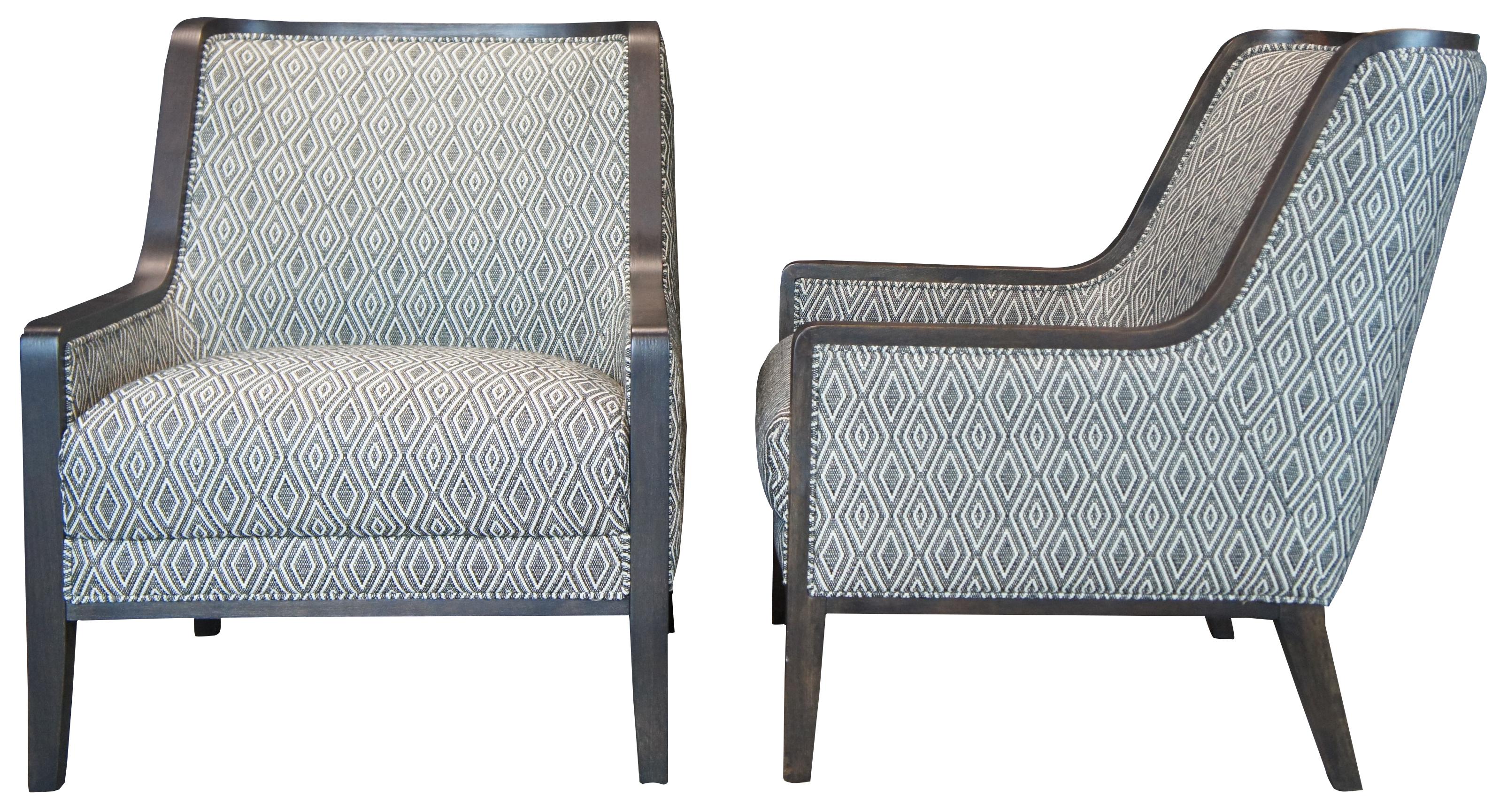 Two Arhaus James Studio office, accent or library armchairs featuring a bentwood frame with rounded and sloped back and geometric repeating diamond pattern fabric. 
   