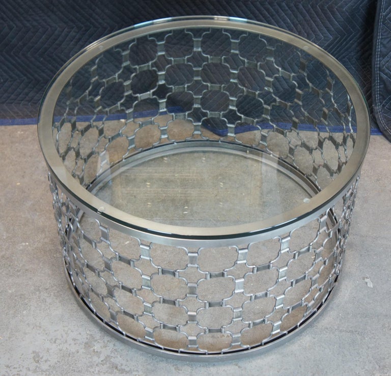 2 Arhaus Naomi Round Aluminum Glass Cocktail Side Drum Coffee Tables