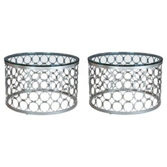 2 Arhaus Naomi Round Aluminum Glass Cocktail Side Drum Coffee Tables Pair