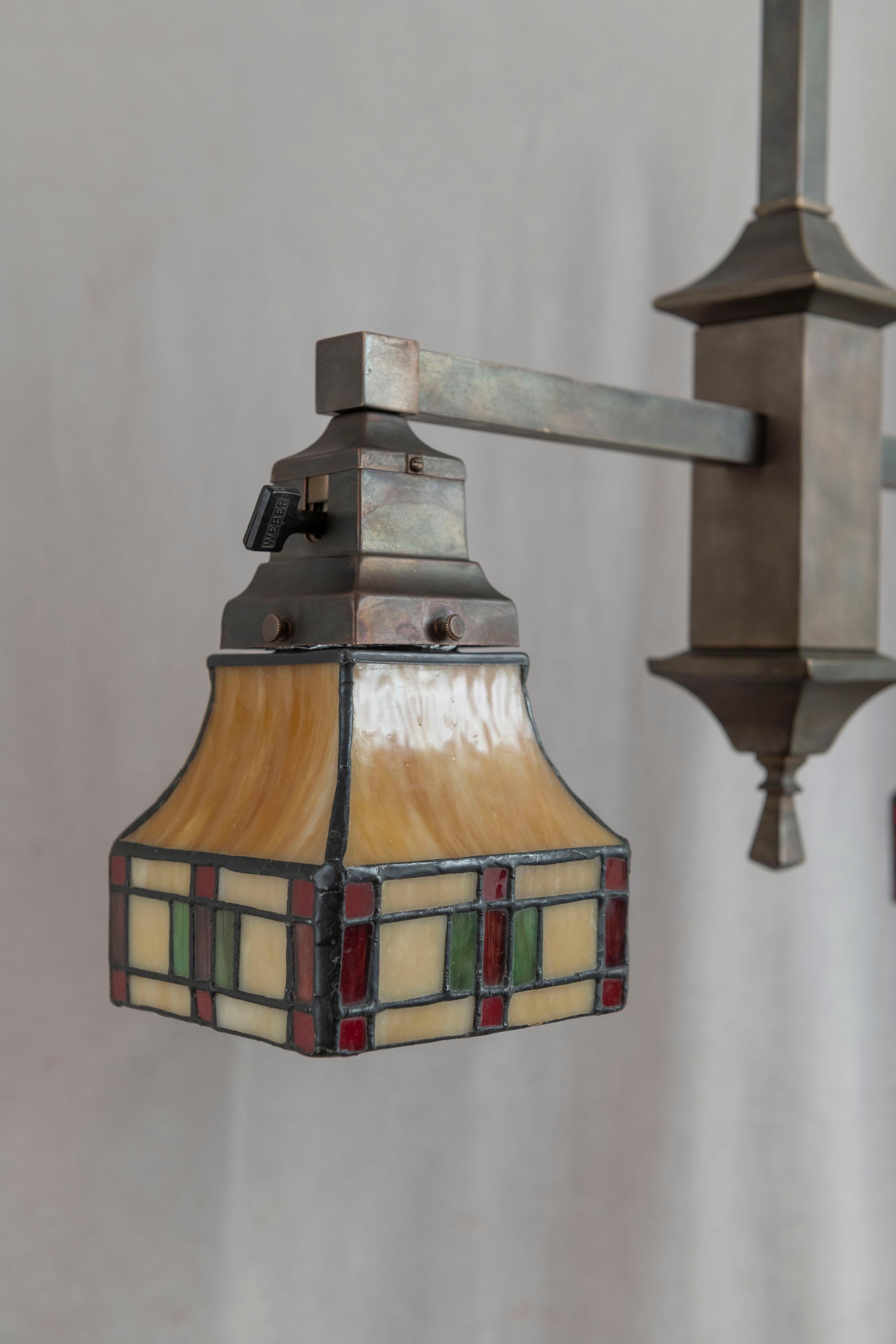 2 Arm Arts & Crafts Chandelier w/ Original Leaded Glass Shades, ca. 1910 3