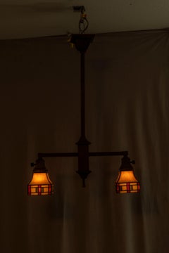 2 Arm Arts & Crafts Chandelier w/ Original Leaded Glass Shades, ca. 1910
