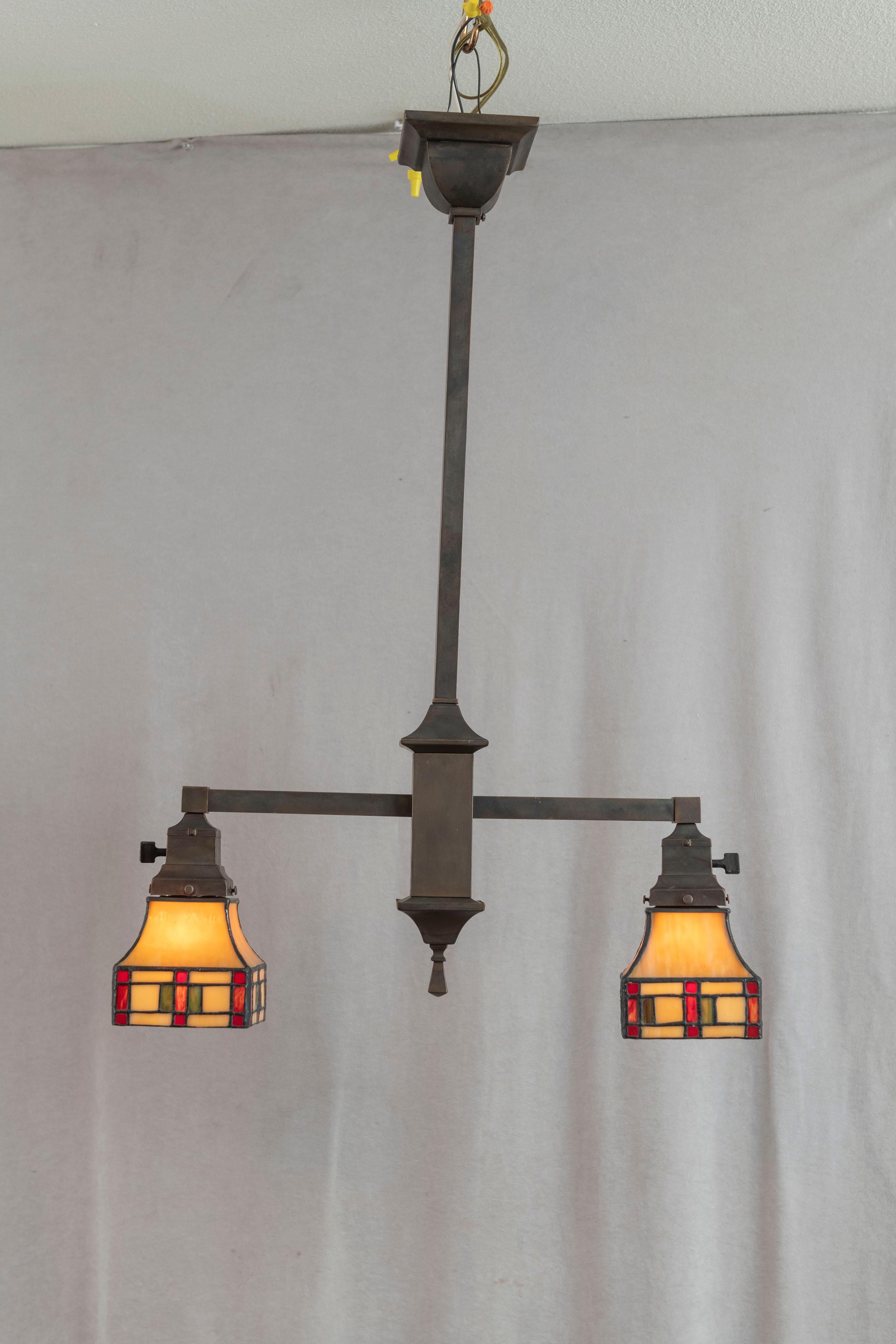 Hand-Crafted 2 Arm Arts & Crafts Chandelier w/ Original Leaded Glass Shades, ca. 1910