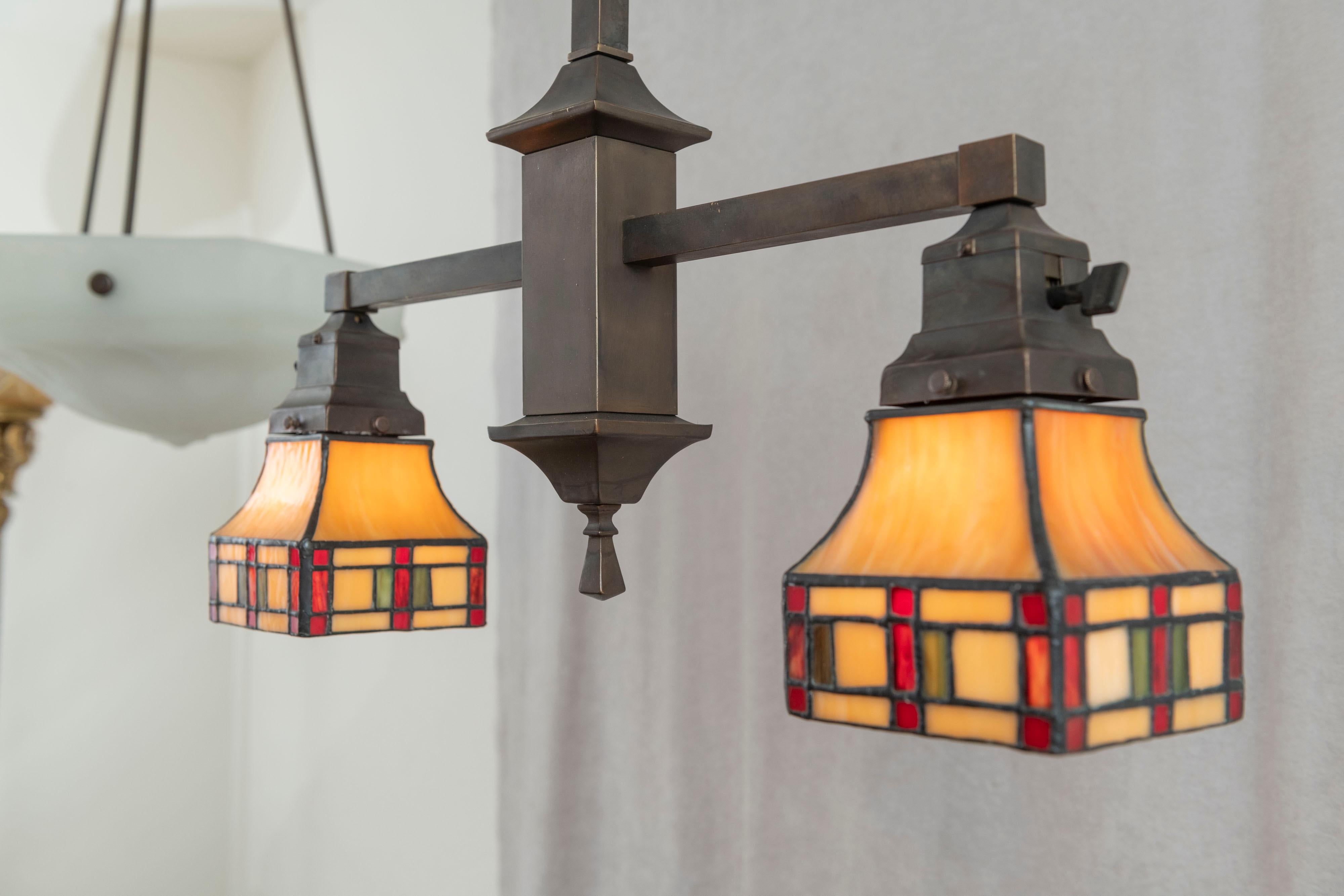 Early 20th Century 2 Arm Arts & Crafts Chandelier w/ Original Leaded Glass Shades, ca. 1910