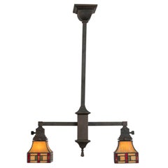 Antique 2 Arm Arts & Crafts Chandelier w/ Original Leaded Glass Shades, ca. 1910