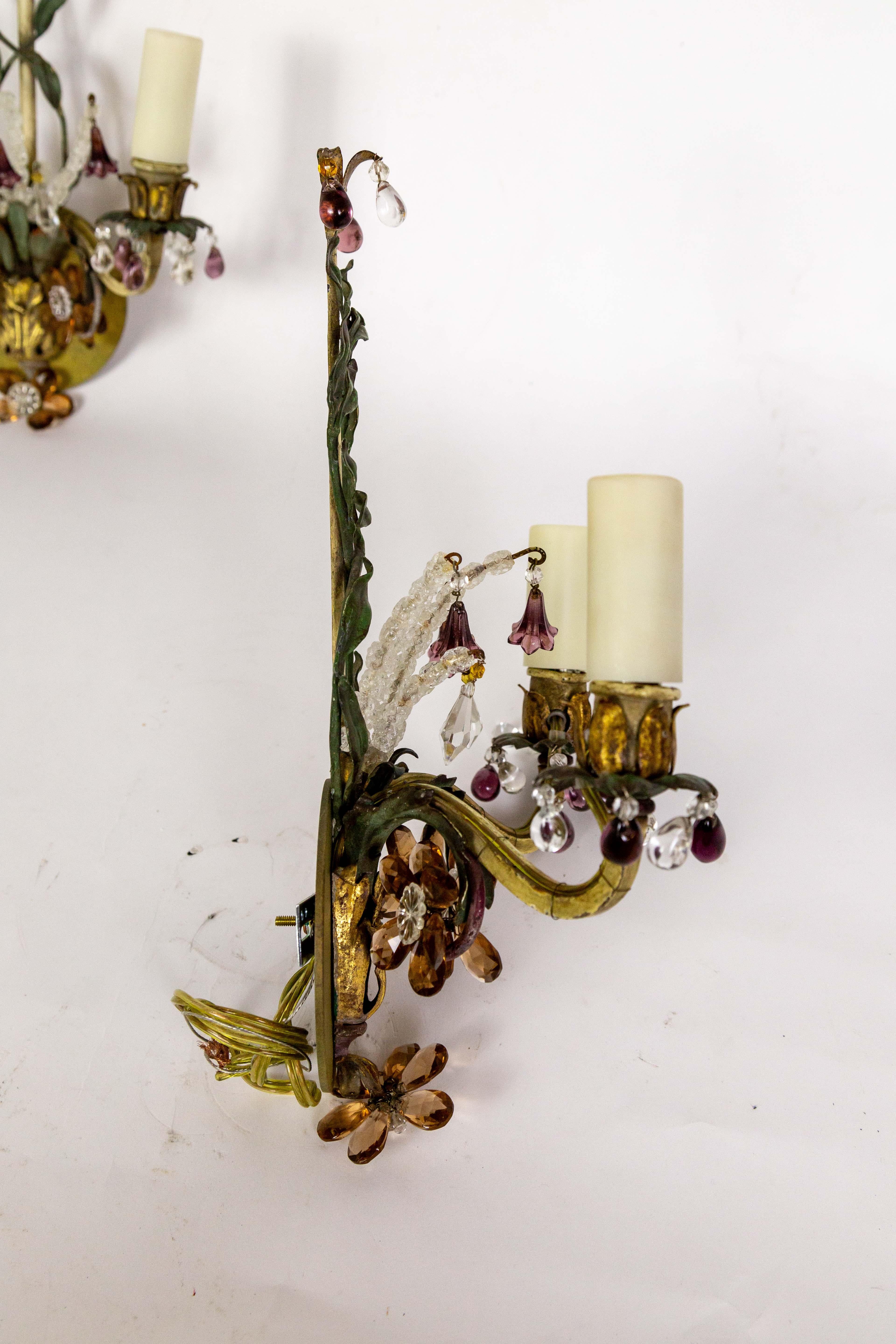 2-Arm Green Vine & Amber Amethyst Crystal Sconces - PAIR For Sale 5