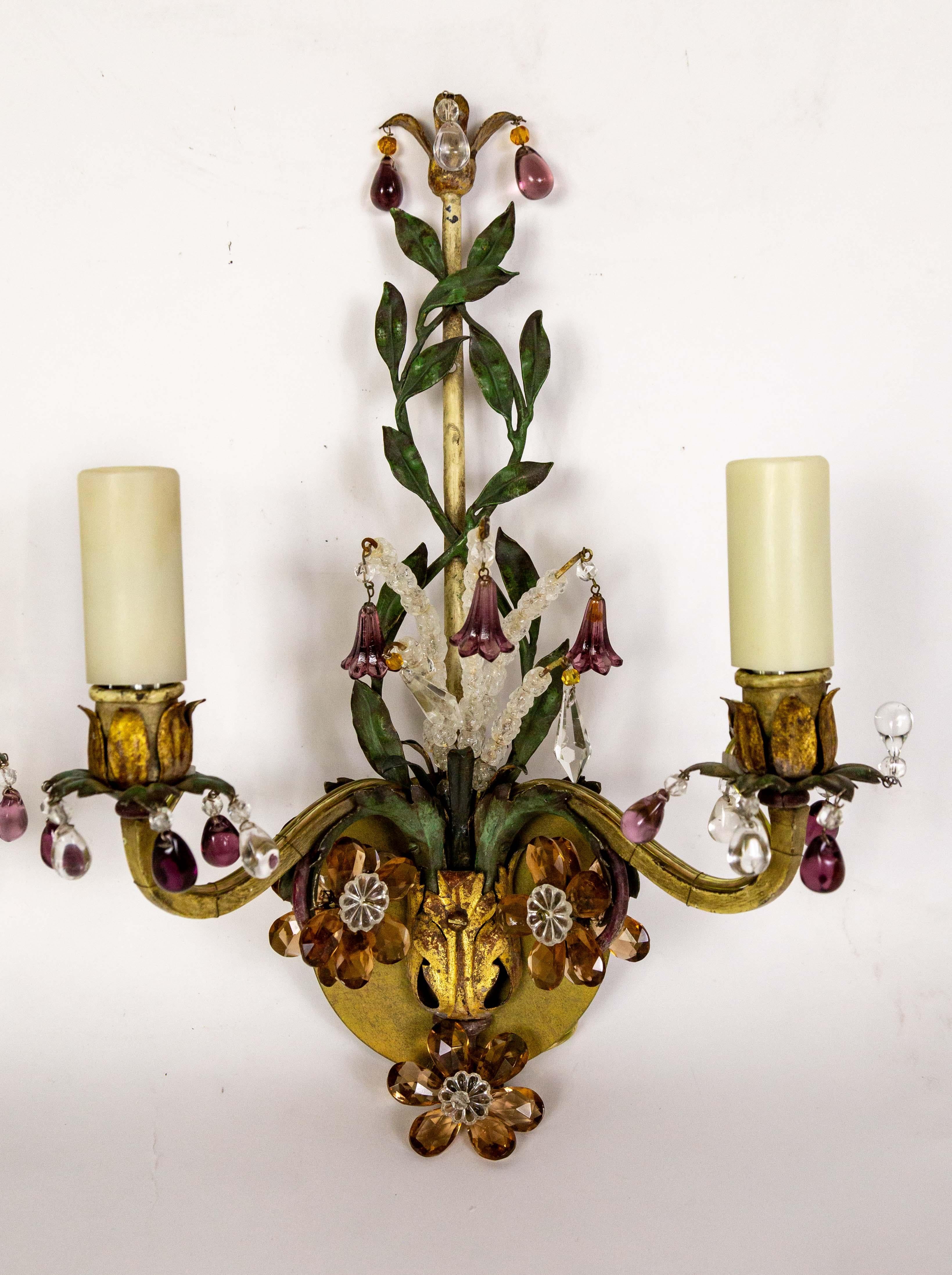 2-Arm Green Vine & Amber Amethyst Crystal Sconces - PAIR In Good Condition For Sale In San Francisco, CA
