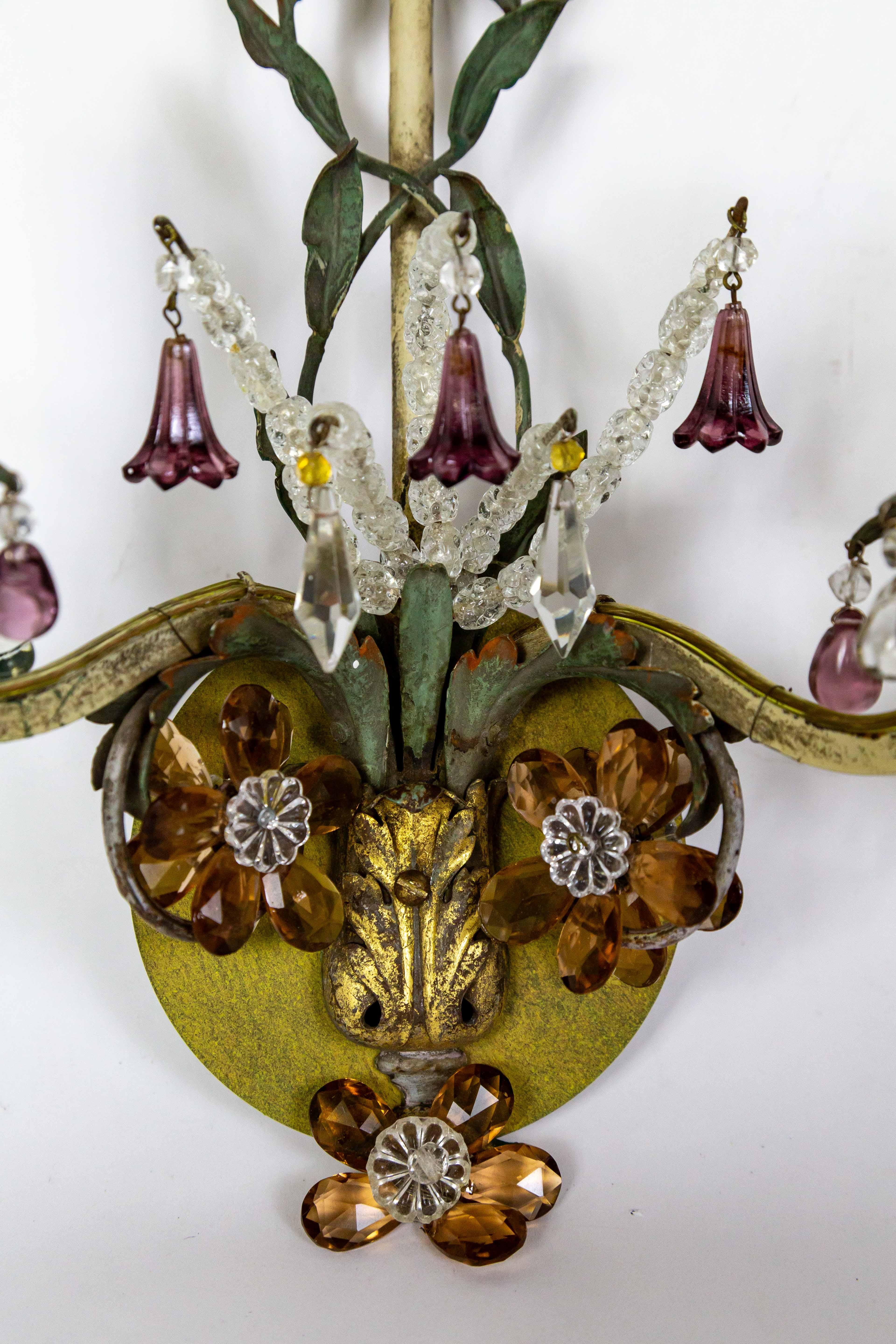 20th Century 2-Arm Green Vine & Amber Amethyst Crystal Sconces - PAIR For Sale