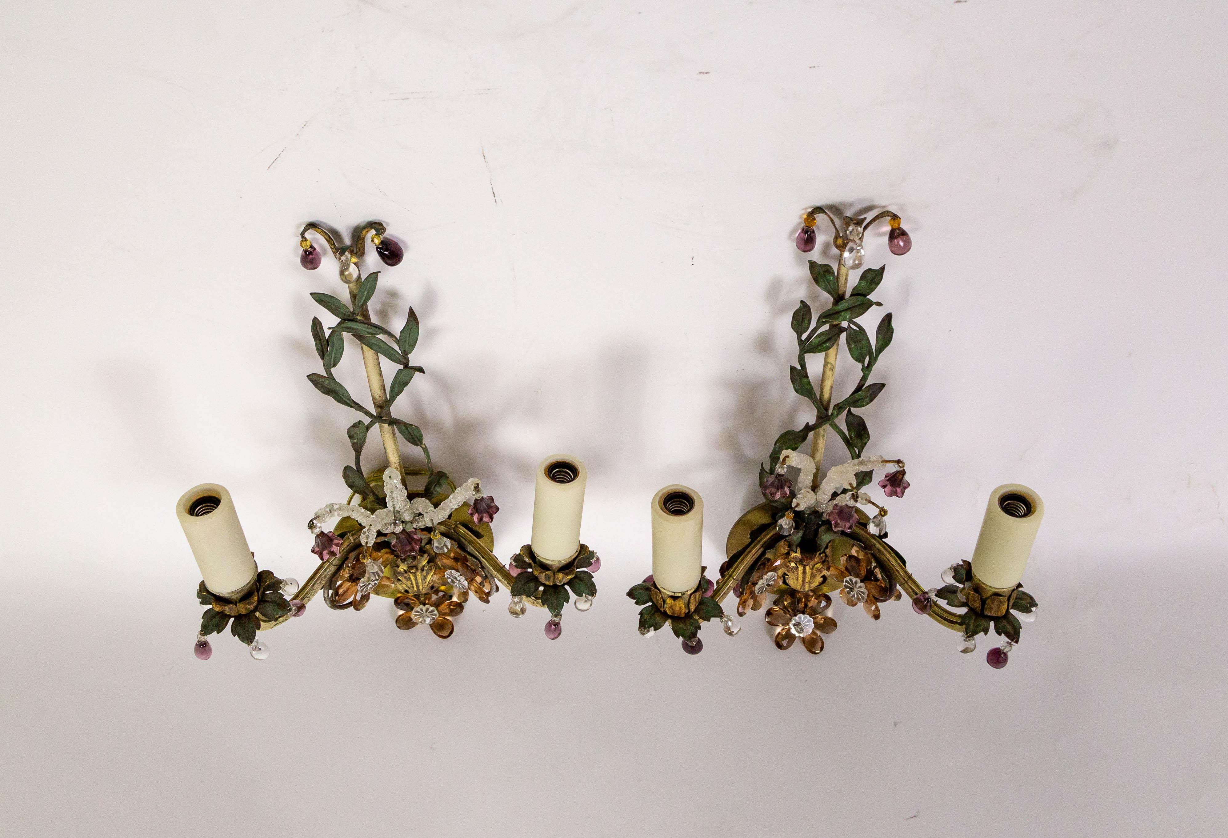 2-Arm Green Vine & Amber Amethyst Crystal Sconces - PAIR For Sale 3