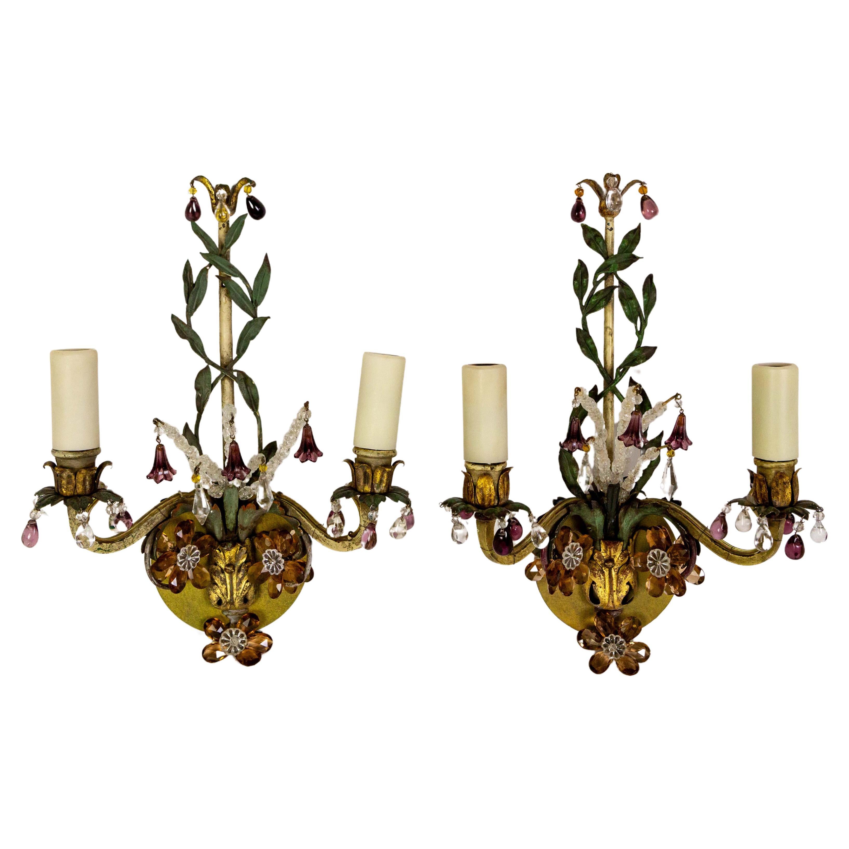 2-Arm Green Vine & Amber Amethyst Crystal Sconces - PAIR For Sale
