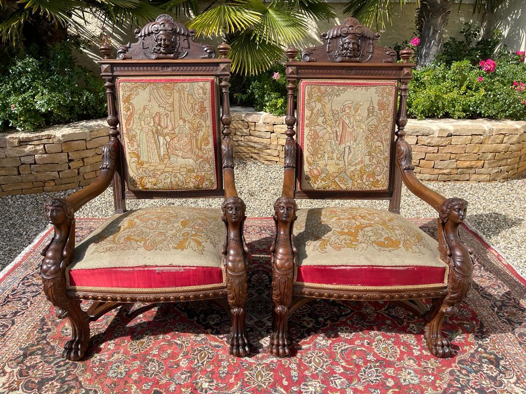 2 poltrone e 2 sedie in stile rinascimentale in noce 10