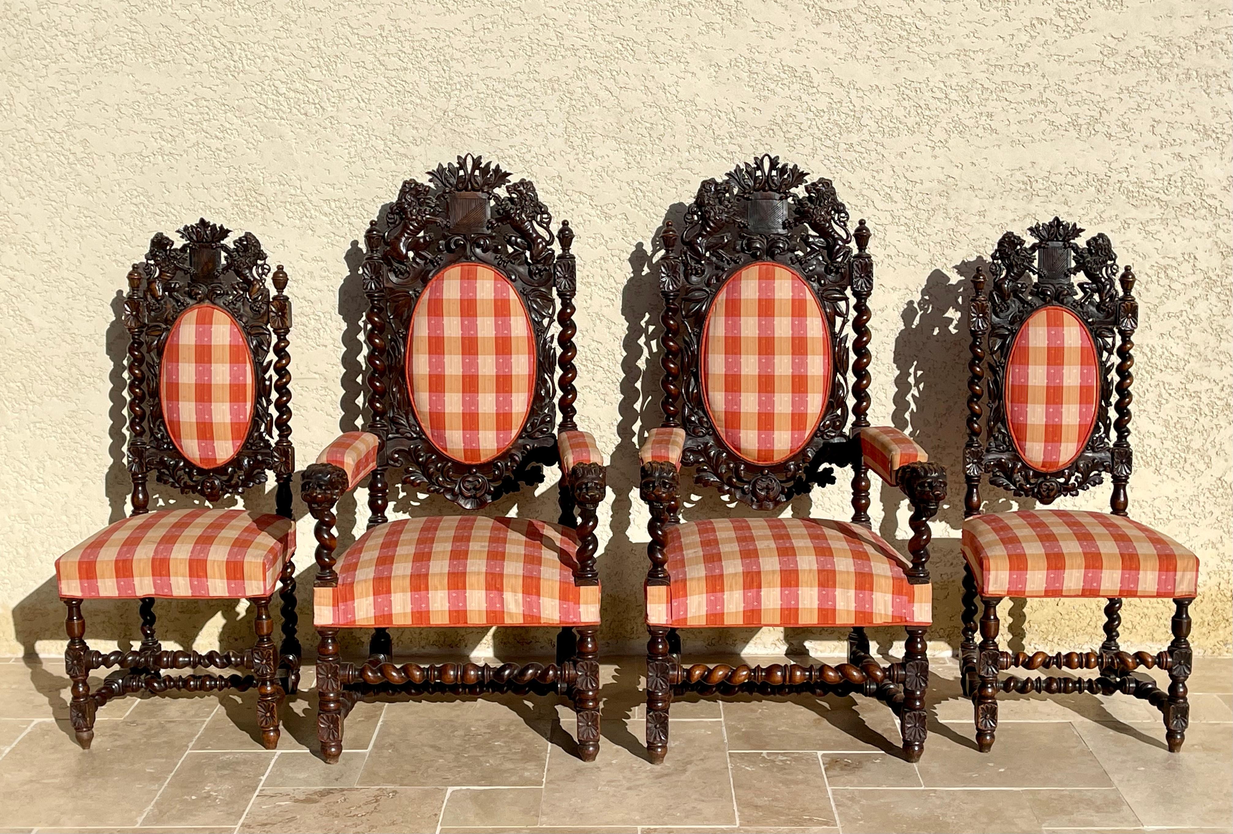 Fabric 2 Armchairs and 2 Louis XIII Chairs For Sale