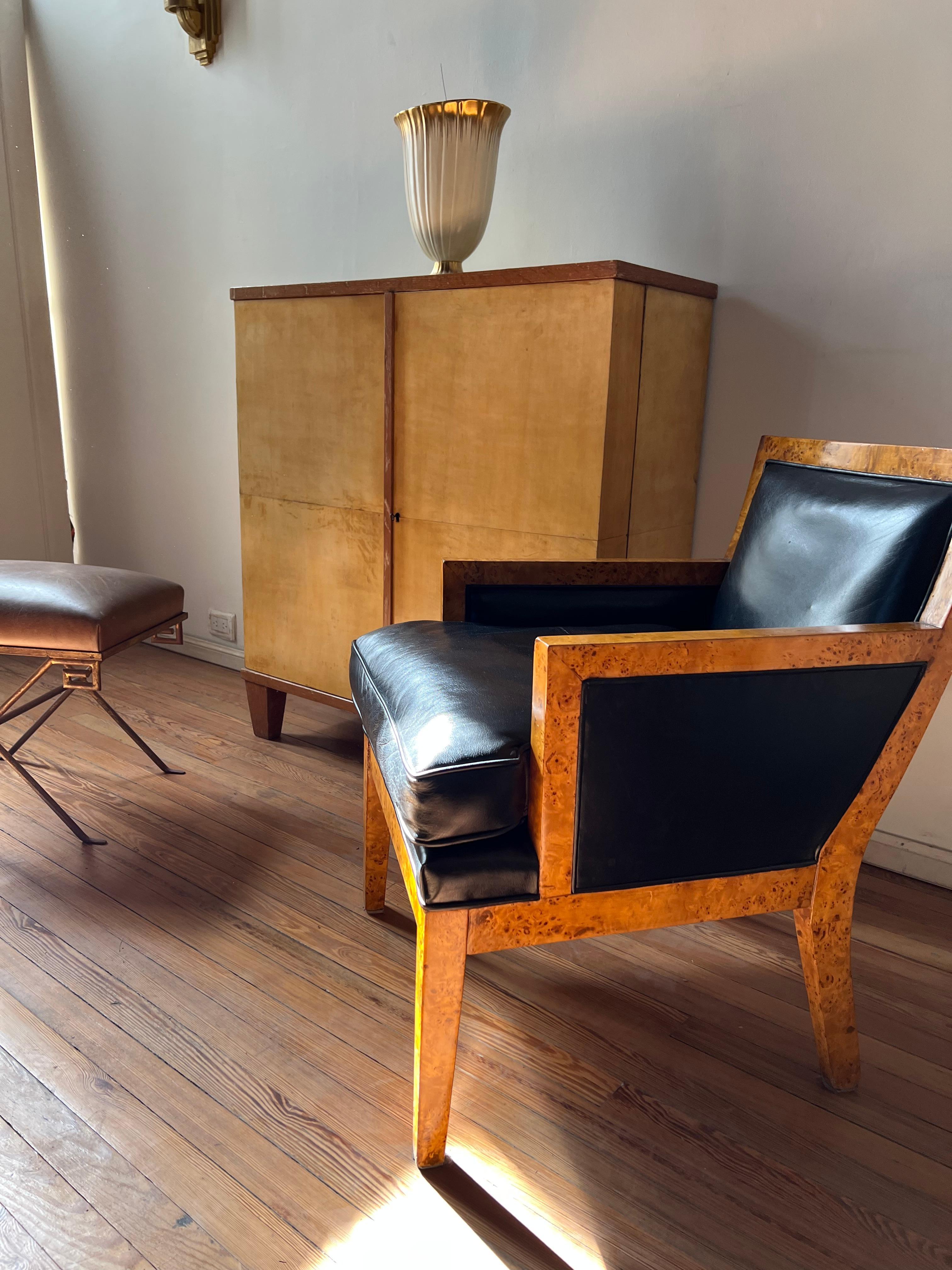 French 2 Armchairs Art Deco in leather and wood , France, 1930 For Sale