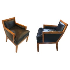 Vintage 2 Armchairs Art Deco in leather and wood , France, 1930